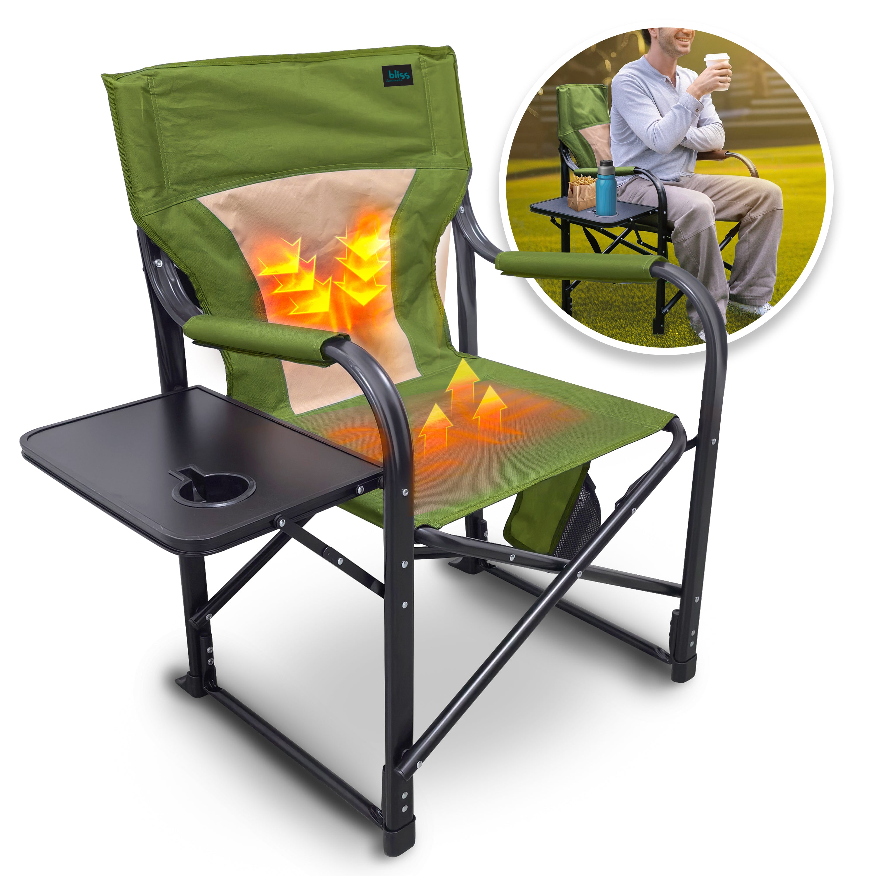 Bliss Hammocks BHC-24VH-GRN 24-Volt Heated Directors Seat | 21-in Wide | 3 Temp Settings | 2.0-Ah Battery + Charger