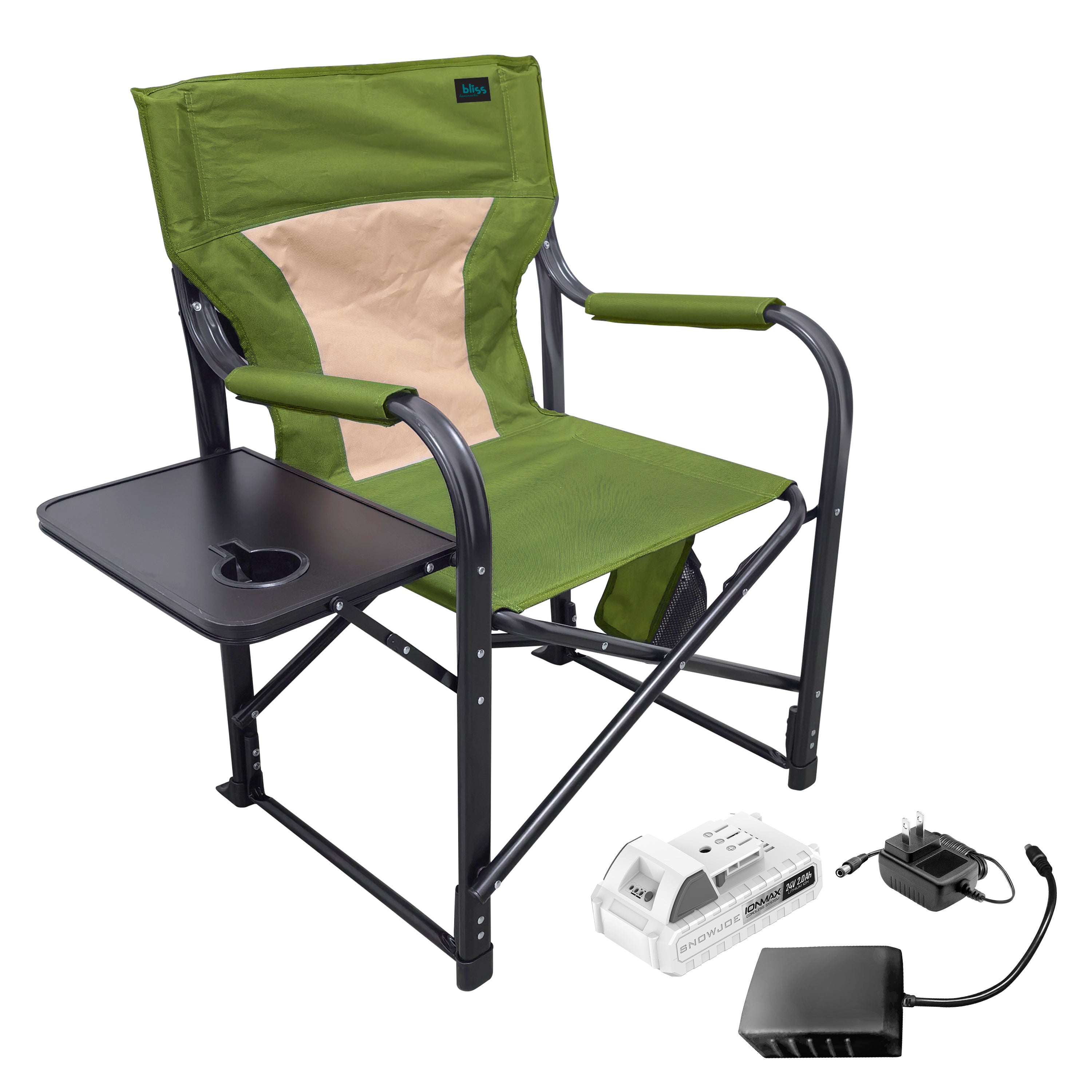 Bliss Hammocks BHC-24VH-GRN 24-Volt Heated Directors Seat | 21-in Wide | 3 Temp Settings | 2.0-Ah Battery + Charger