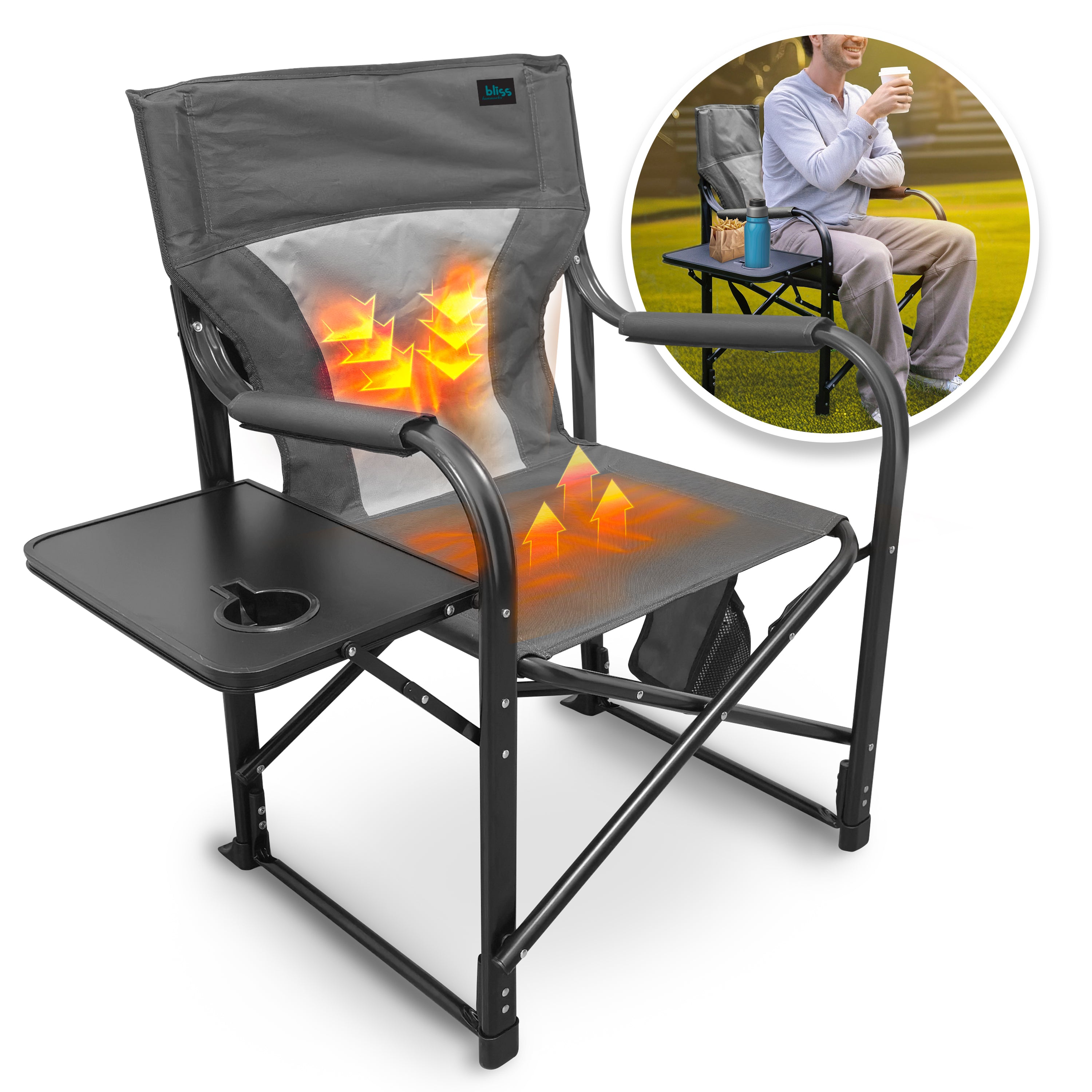 Bliss Hammocks BHC-24VH-GRY 24-Volt Heated Directors Seat | 21-in Wide | 3 Temp Settings | 2.0-Ah Battery + Charger