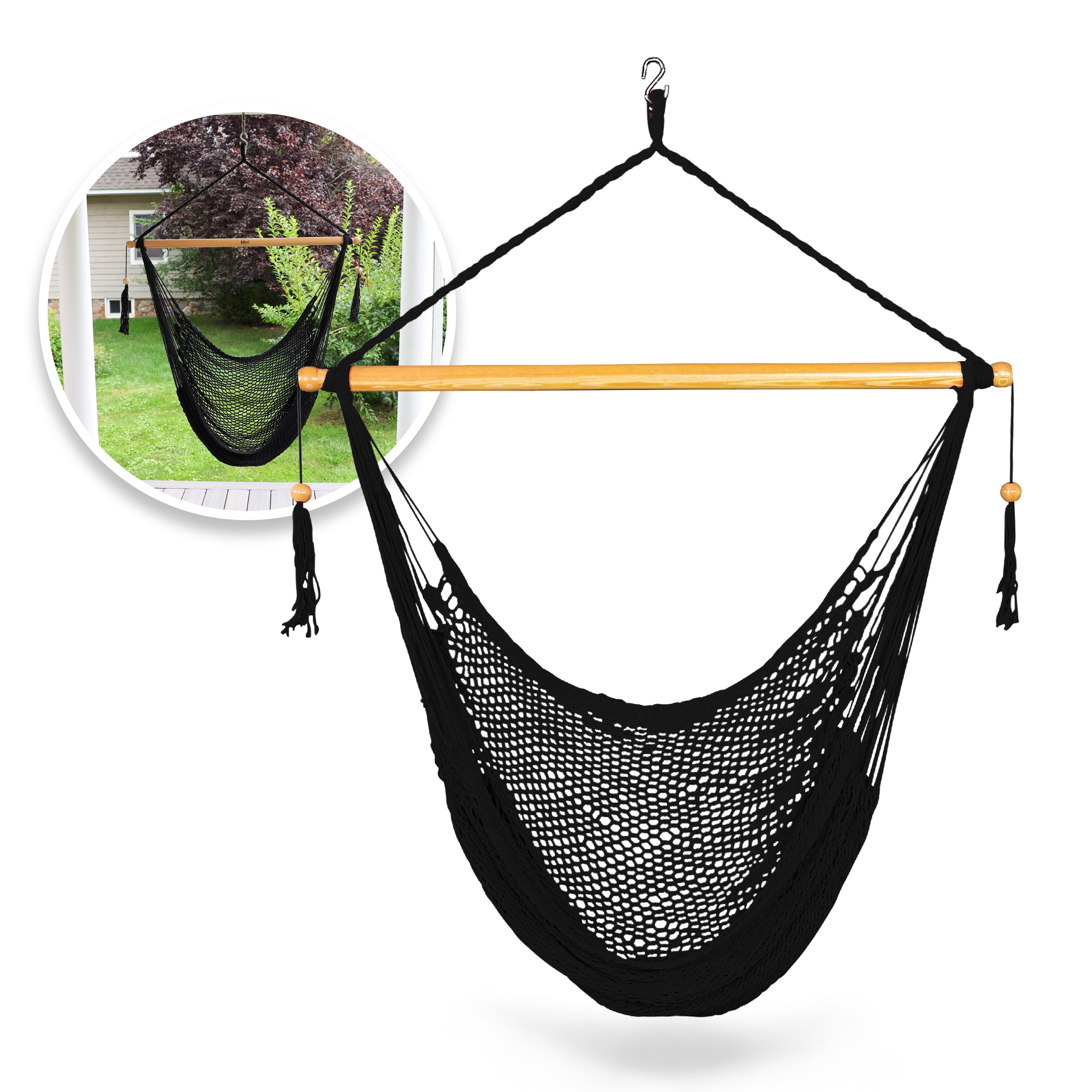 Bliss Hammocks BHC-412BLK Island Rope Hammock Chair w/ Spreader Bar & Hanging Hardware | 40-in. Wide | 265 Lb. Capacity (Black)