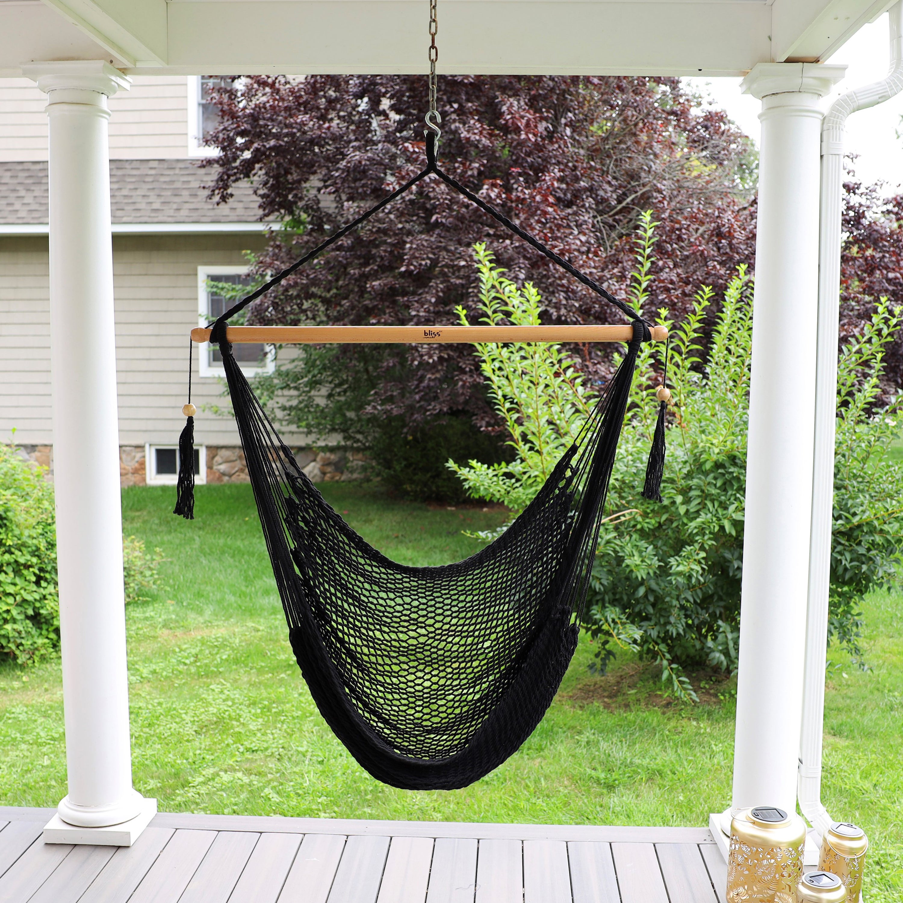 Bliss Hammocks BHC-412BLK Island Rope Hammock Chair w/ Spreader Bar & Hanging Hardware | 40-in. Wide | 265 Lb. Capacity (Black)