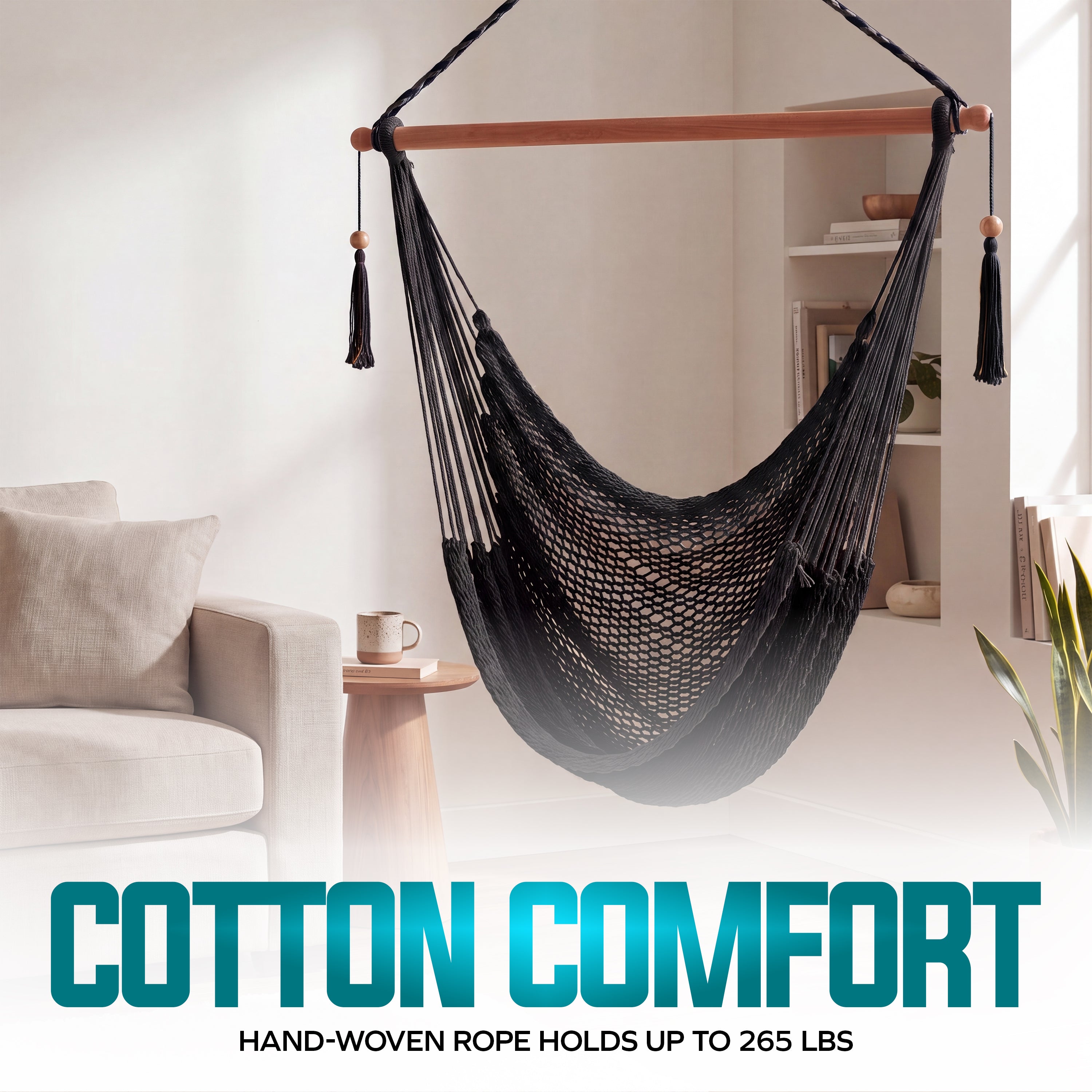 Bliss Hammocks BHC-412BLK Island Rope Hammock Chair w/ Spreader Bar & Hanging Hardware | 40-in. Wide | 265 Lb. Capacity (Black)