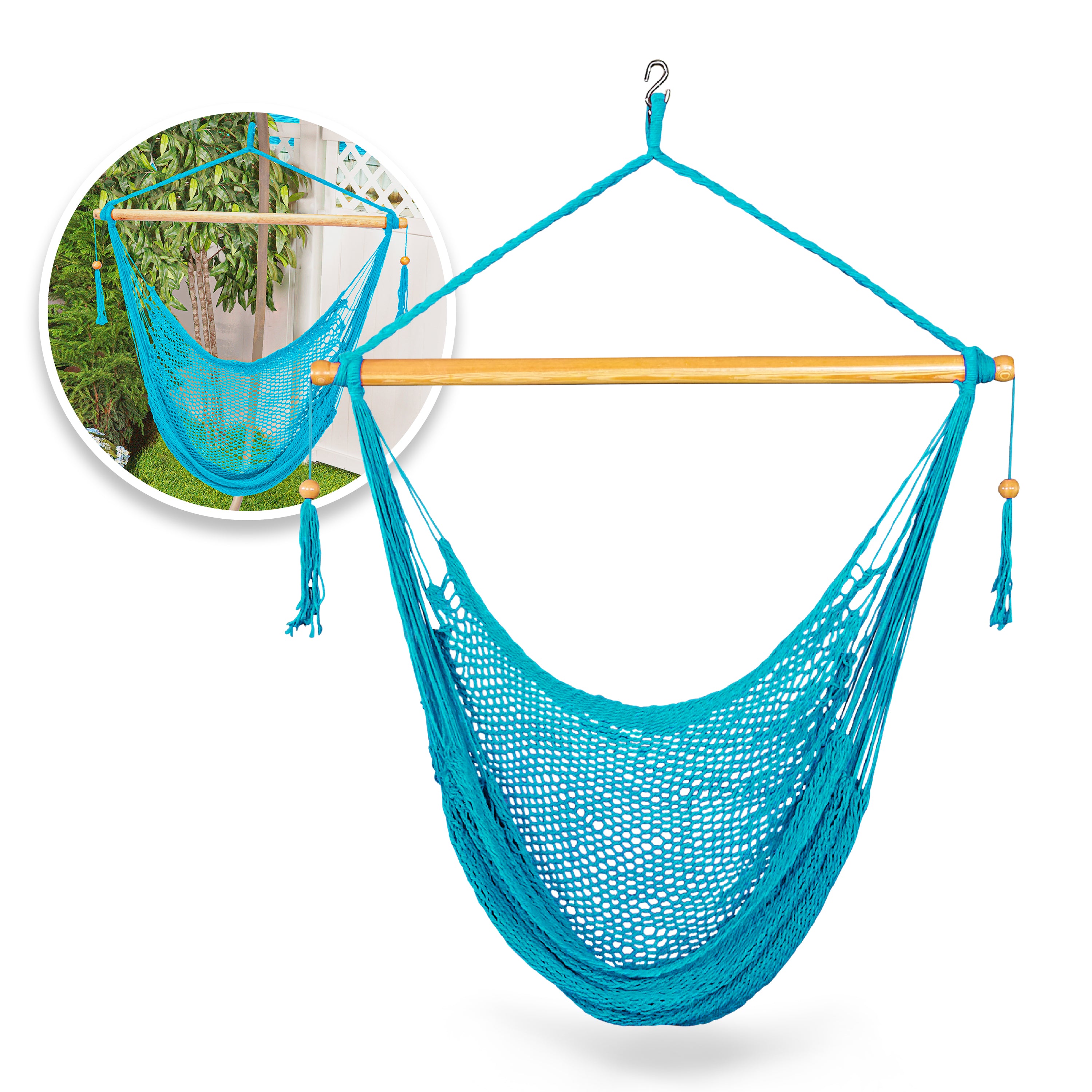 Bliss Hammocks BHC-412LB Island Rope Hammock Chair W/ Spreader Bar & Hanging Hardware | 40-in. Wide | 265 Lb. Capacity (Light Blue)