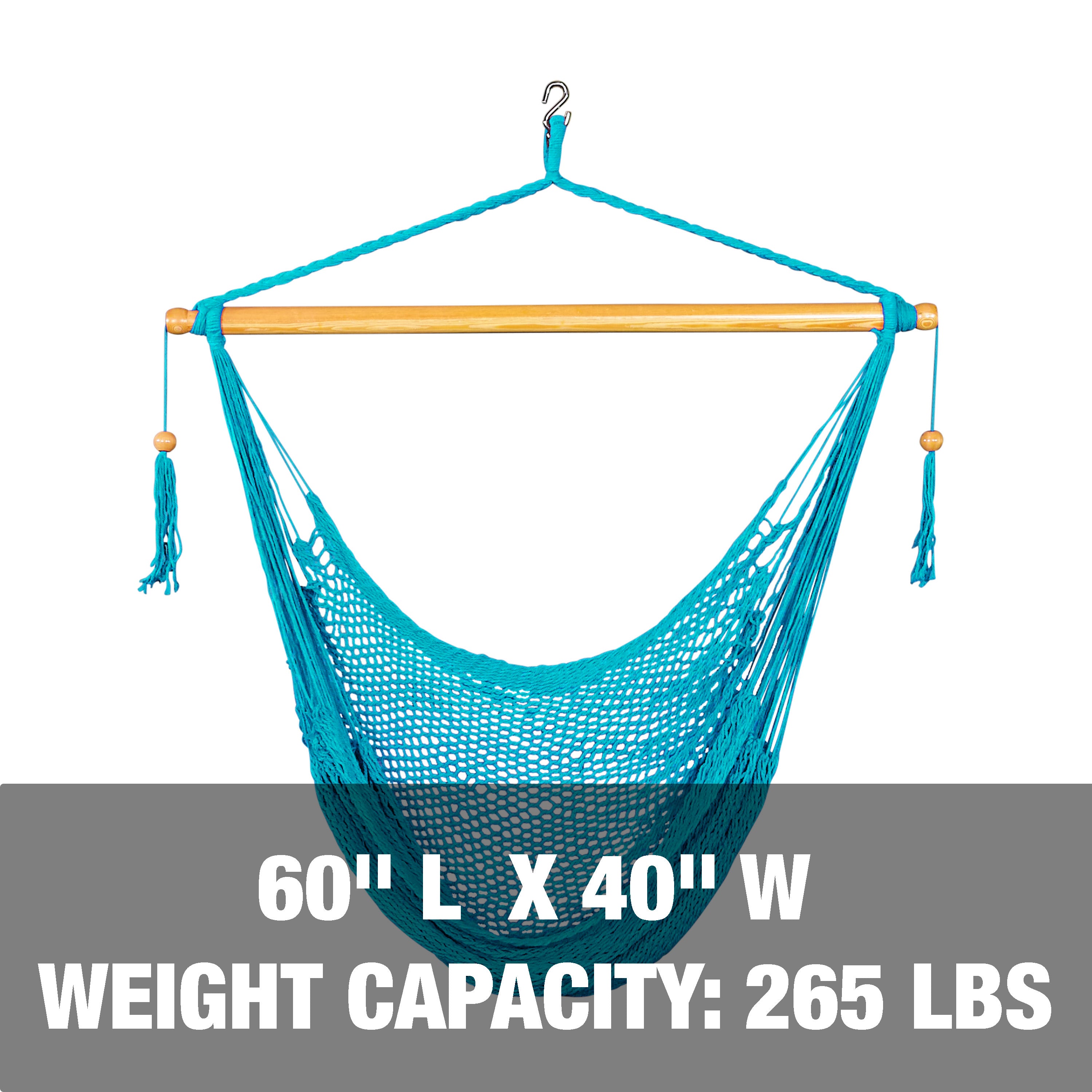 60 inch length and 40 inch width, with a weight capacity of 265 pounds.