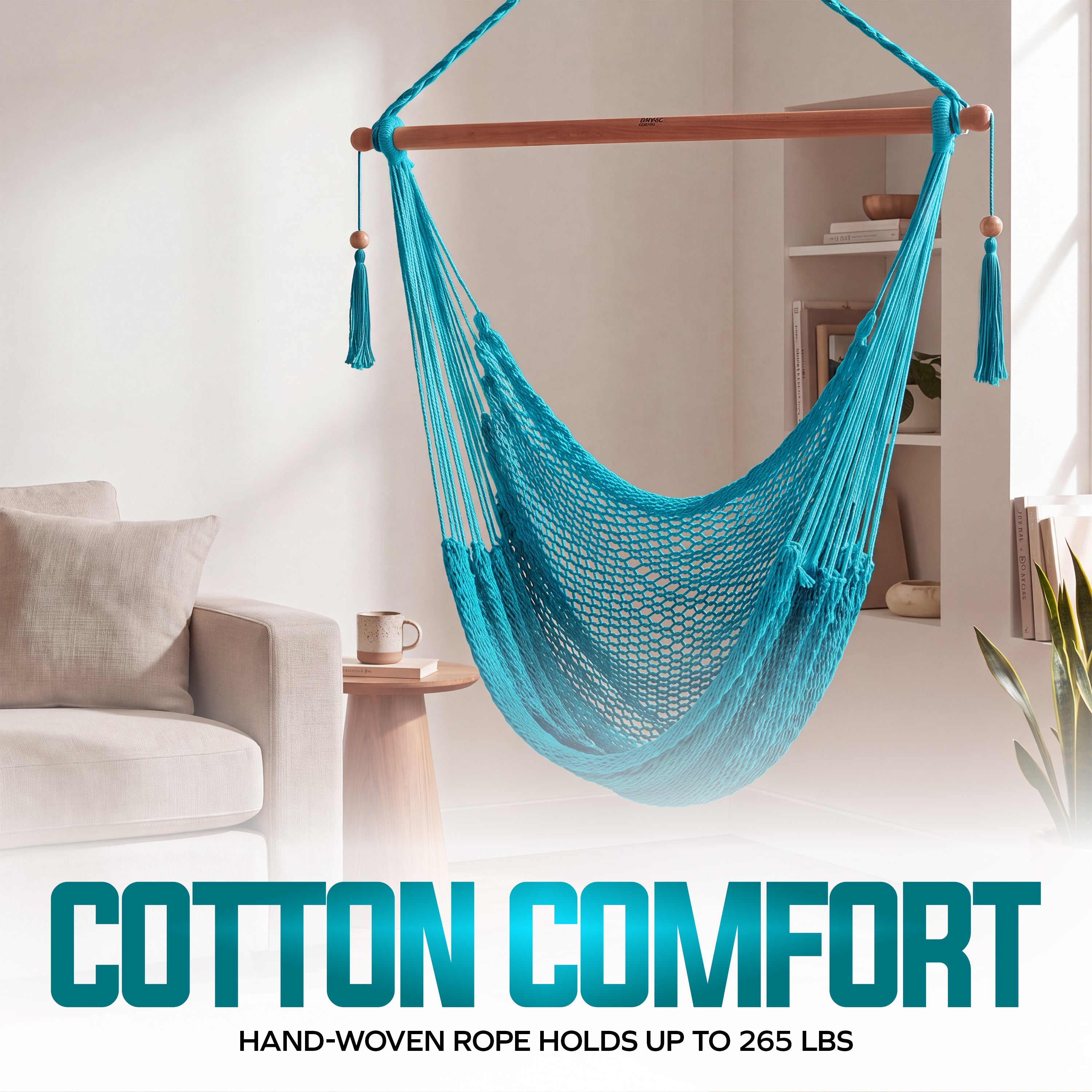Bliss Hammocks BHC-412LB Island Rope Hammock Chair W/ Spreader Bar & Hanging Hardware | 40-in. Wide | 265 Lb. Capacity (Light Blue)
