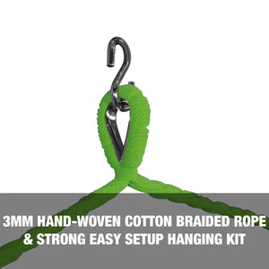 3mm hand-woven cotton braided rope and strong, easy setup hanging kit.