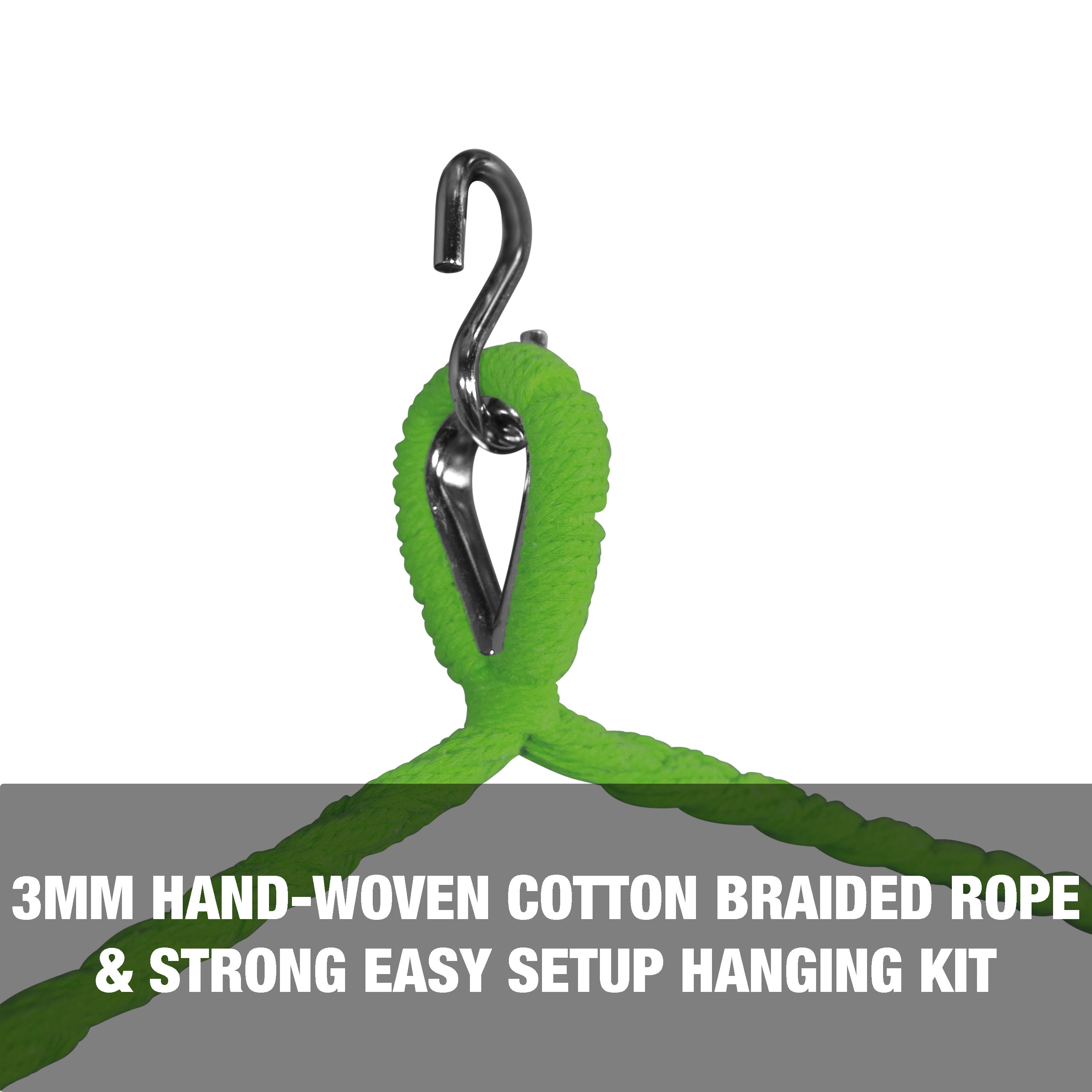 3mm hand-woven cotton braided rope and strong, easy setup hanging kit.