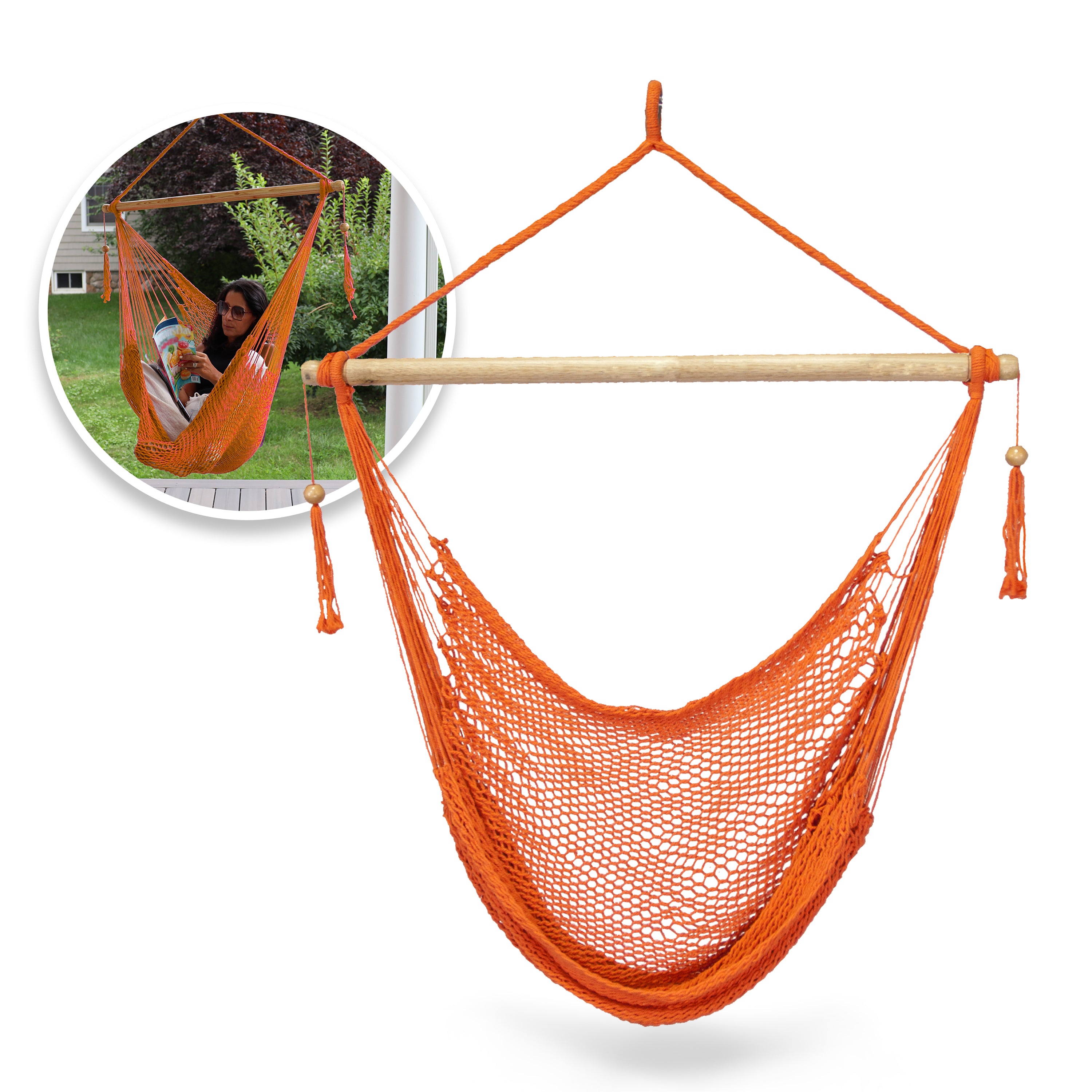 Bliss Hammocks BHC-412OR Island Rope Hammock Chair w/ Spreader Bar & Hanging Hardware | 40-in. Wide | 265 Lb. Capacity (Orange)