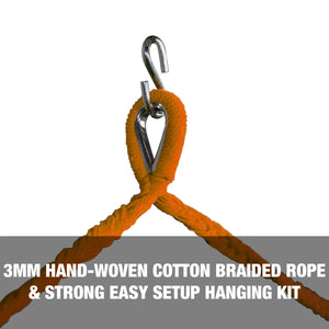 3mm hand-woven cotton braided rope and strong, easy setup hanging kit.