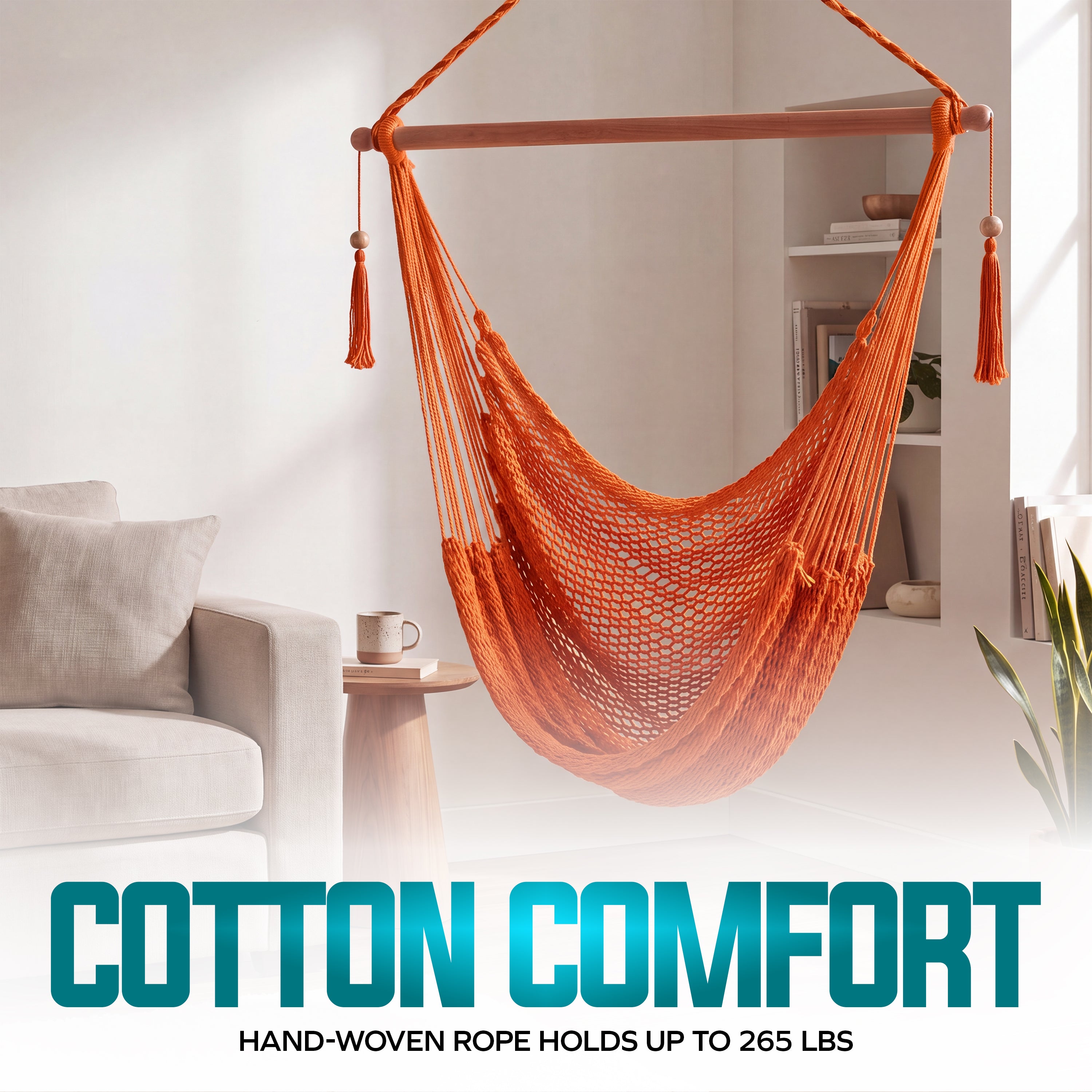 Bliss Hammocks BHC-412OR Island Rope Hammock Chair w/ Spreader Bar & Hanging Hardware | 40-in. Wide | 265 Lb. Capacity (Orange)