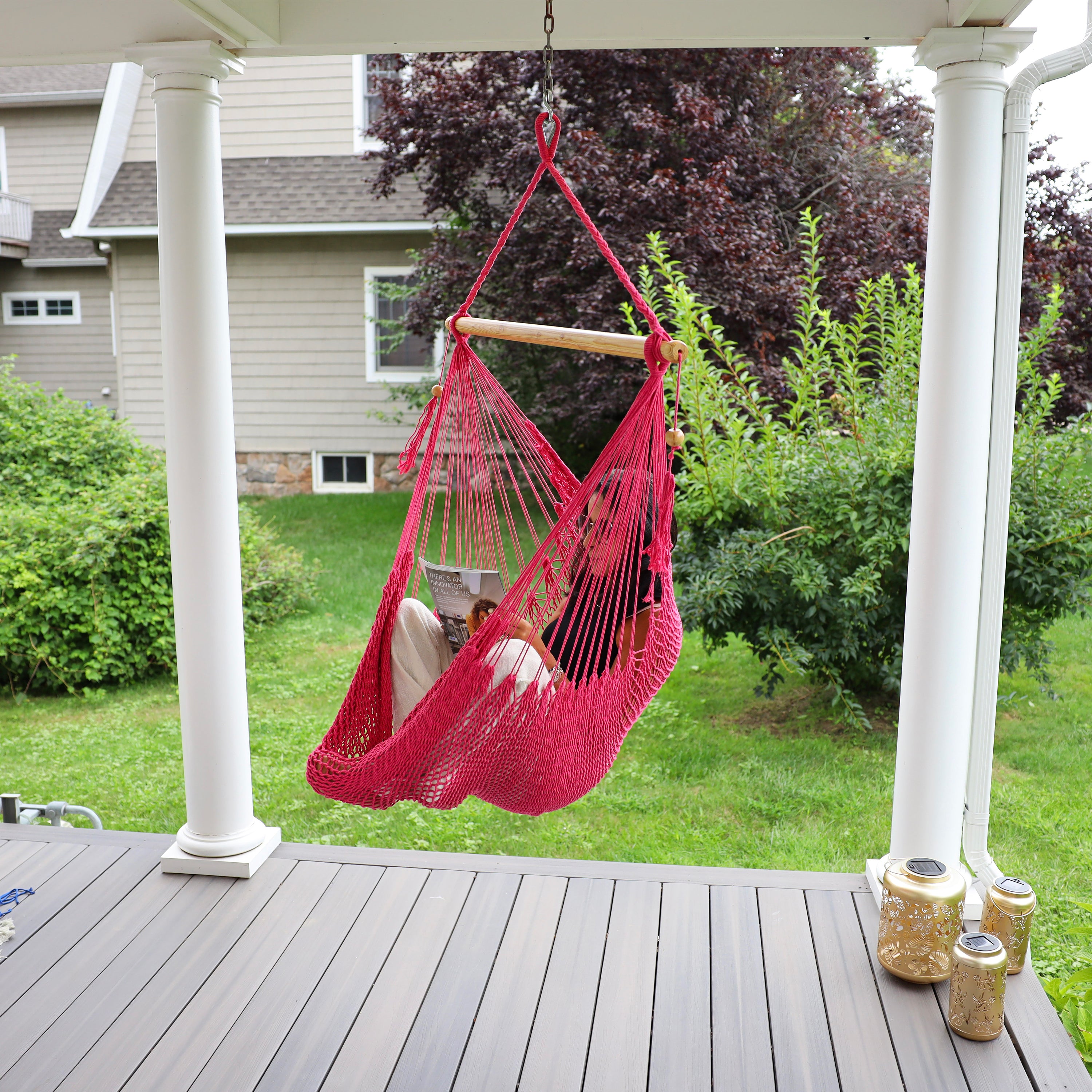 Bliss Hammocks BHC-412PK Island Rope Hammock Chair w/ Spreader Bar & Hanging Hardware | 40-in. Wide | 265 Lb. Capacity (Pink)