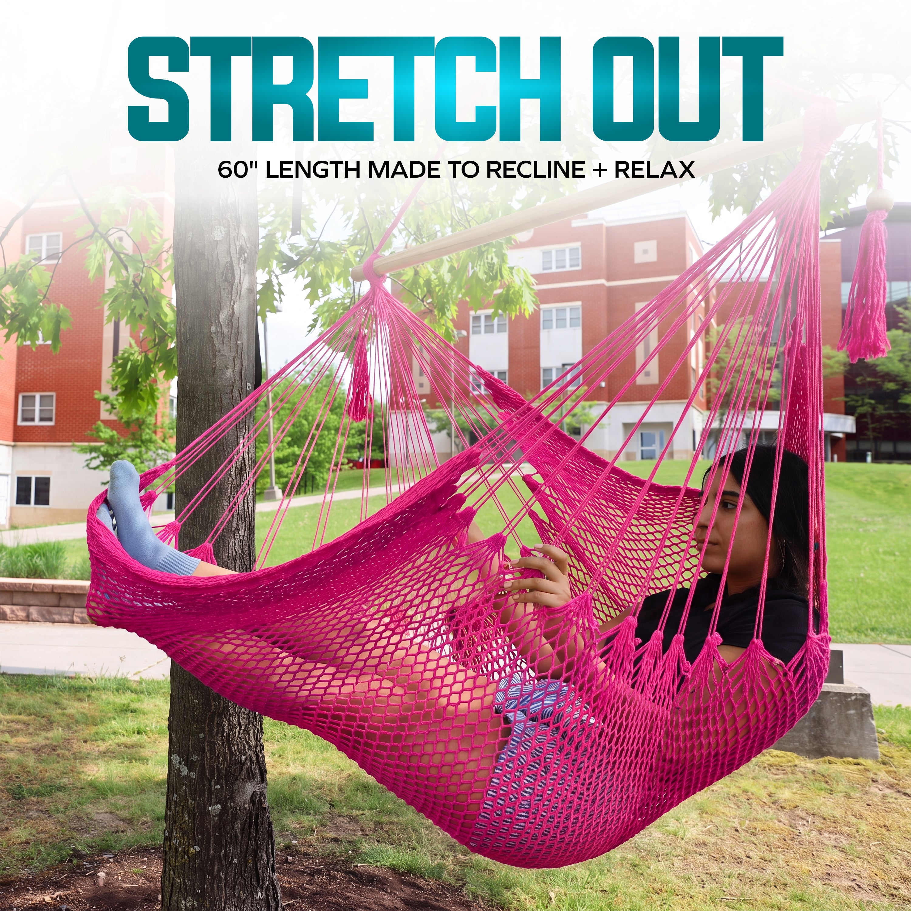 Bliss Hammocks BHC-412PK Island Rope Hammock Chair w/ Spreader Bar & Hanging Hardware | 40-in. Wide | 265 Lb. Capacity (Pink)