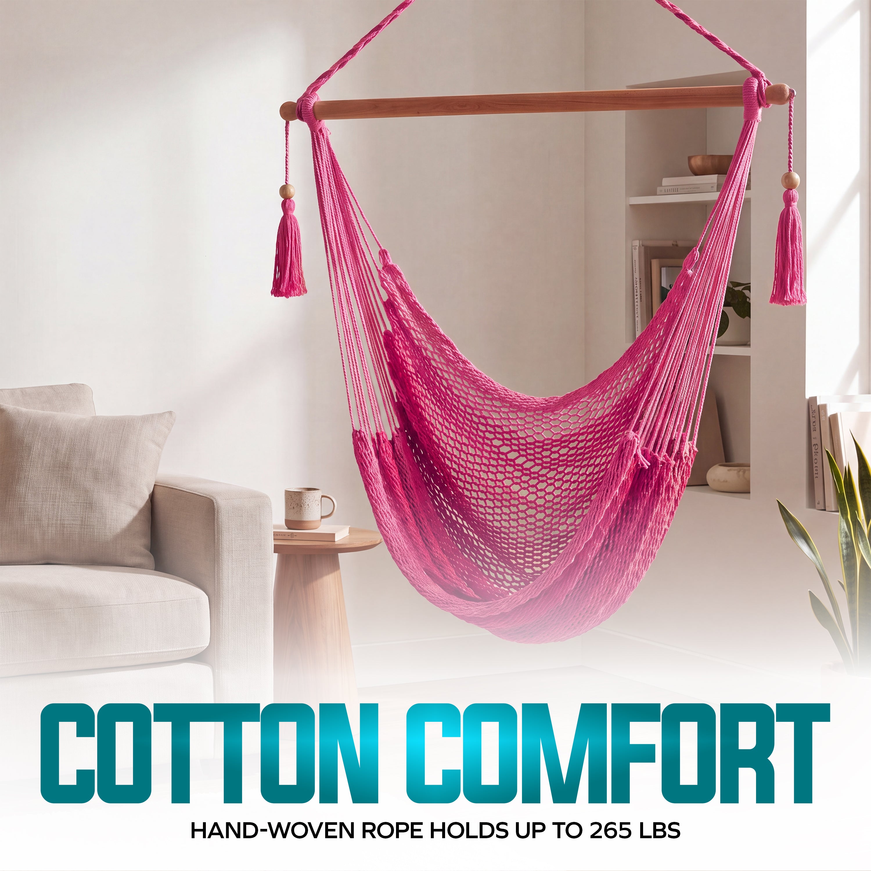 Bliss Hammocks BHC-412PK Island Rope Hammock Chair w/ Spreader Bar & Hanging Hardware | 40-in. Wide | 265 Lb. Capacity (Pink)