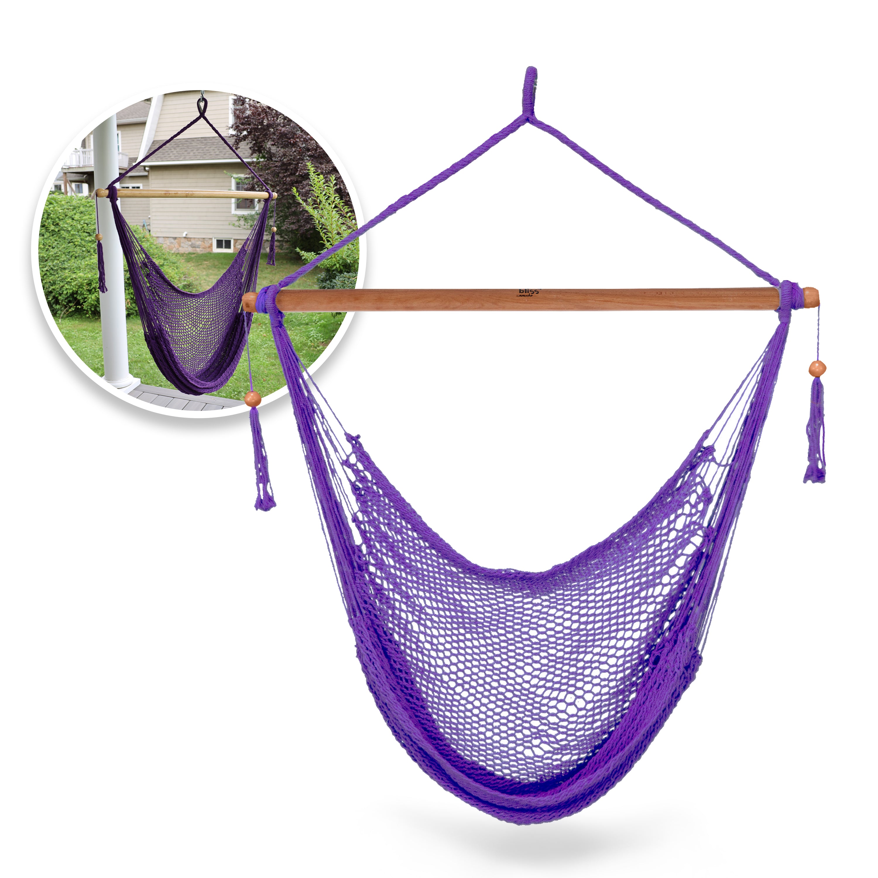 Bliss Hammocks BHC-412PR Island Rope Hammock Chair w/ Spreader Bar & Hanging Hardware | 40-in. Wide | 265 Lb. Capacity (Purple)