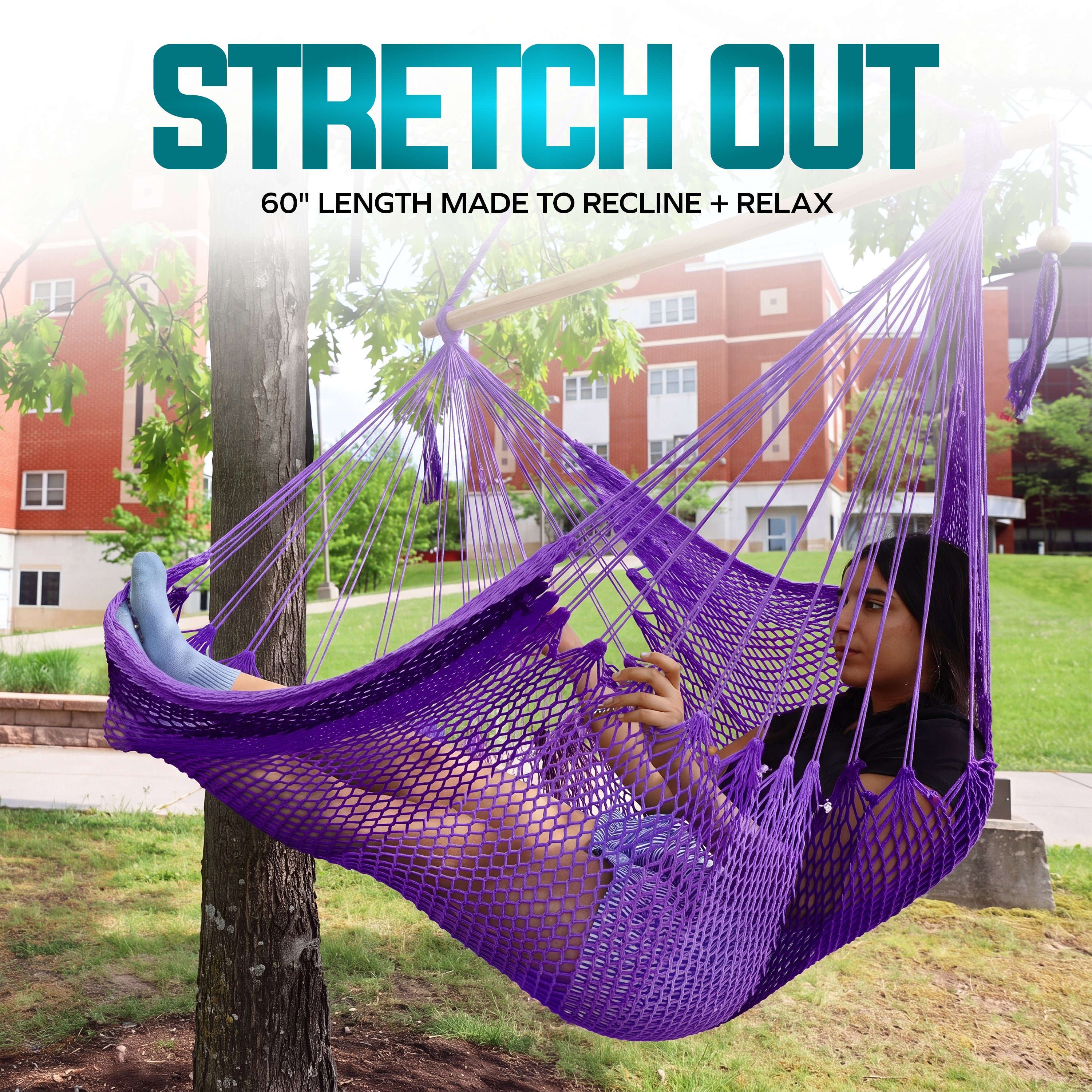 Bliss Hammocks BHC-412PR Island Rope Hammock Chair w/ Spreader Bar & Hanging Hardware | 40-in. Wide | 265 Lb. Capacity (Purple)