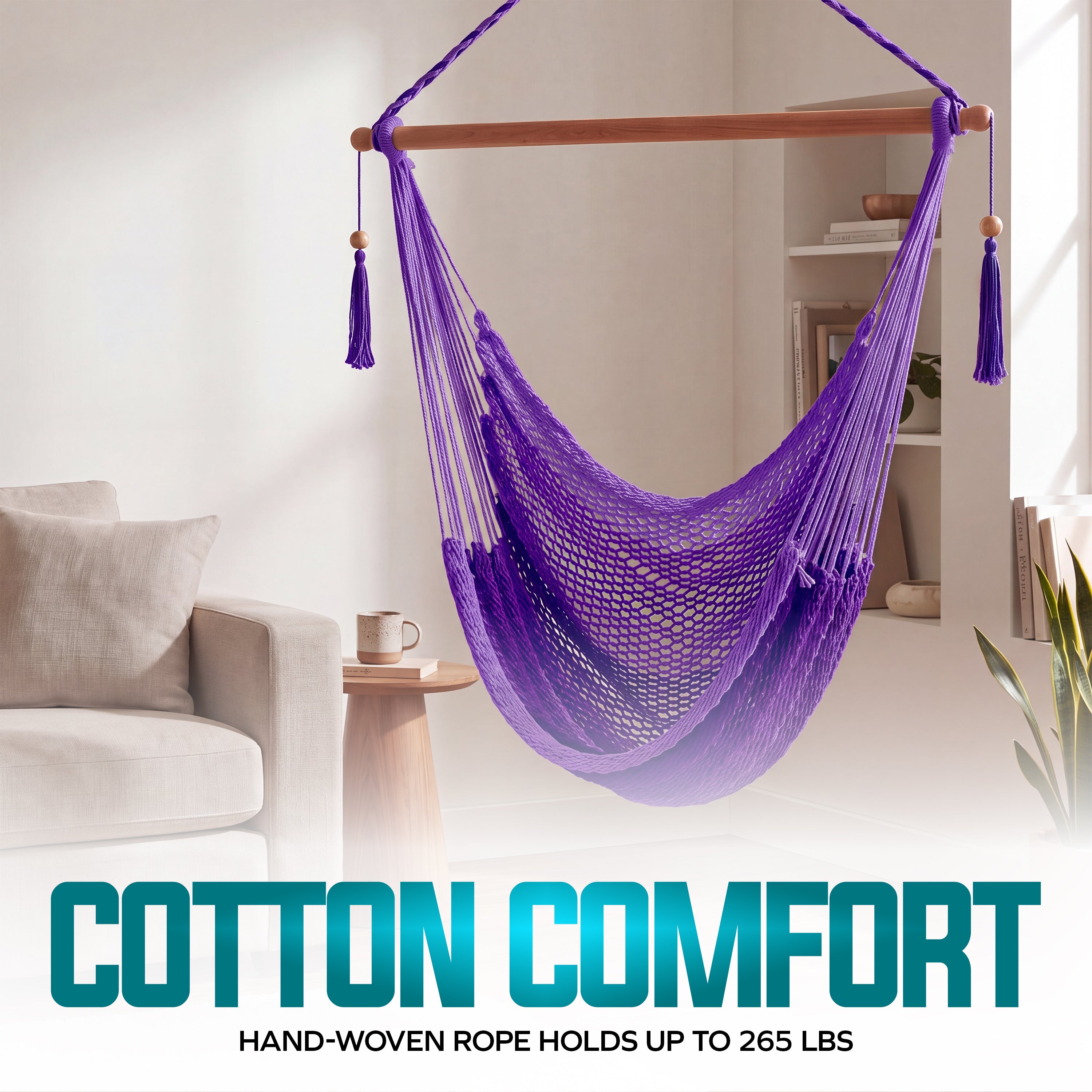 Bliss Hammocks BHC-412PR Island Rope Hammock Chair w/ Spreader Bar & Hanging Hardware | 40-in. Wide | 265 Lb. Capacity (Purple)