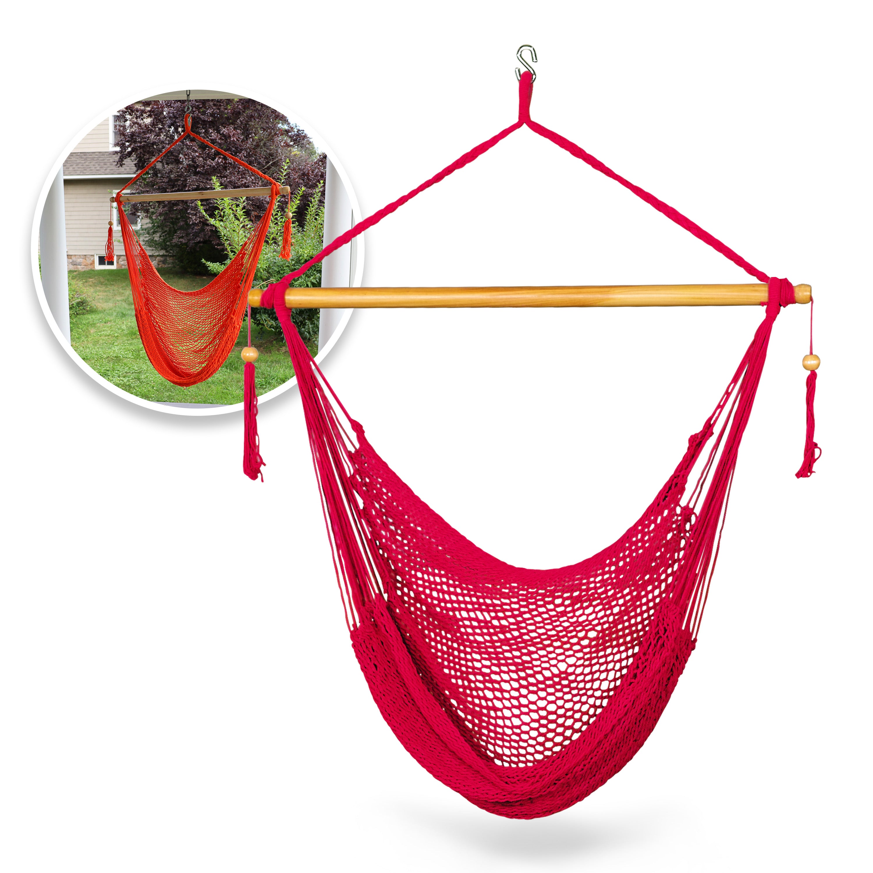 Bliss Hammocks BHC-412R Island Rope Hammock Chair w/ Spreader Bar & Hanging Hardware | 40-in. Wide | 265 Lb. Capacity (Red)