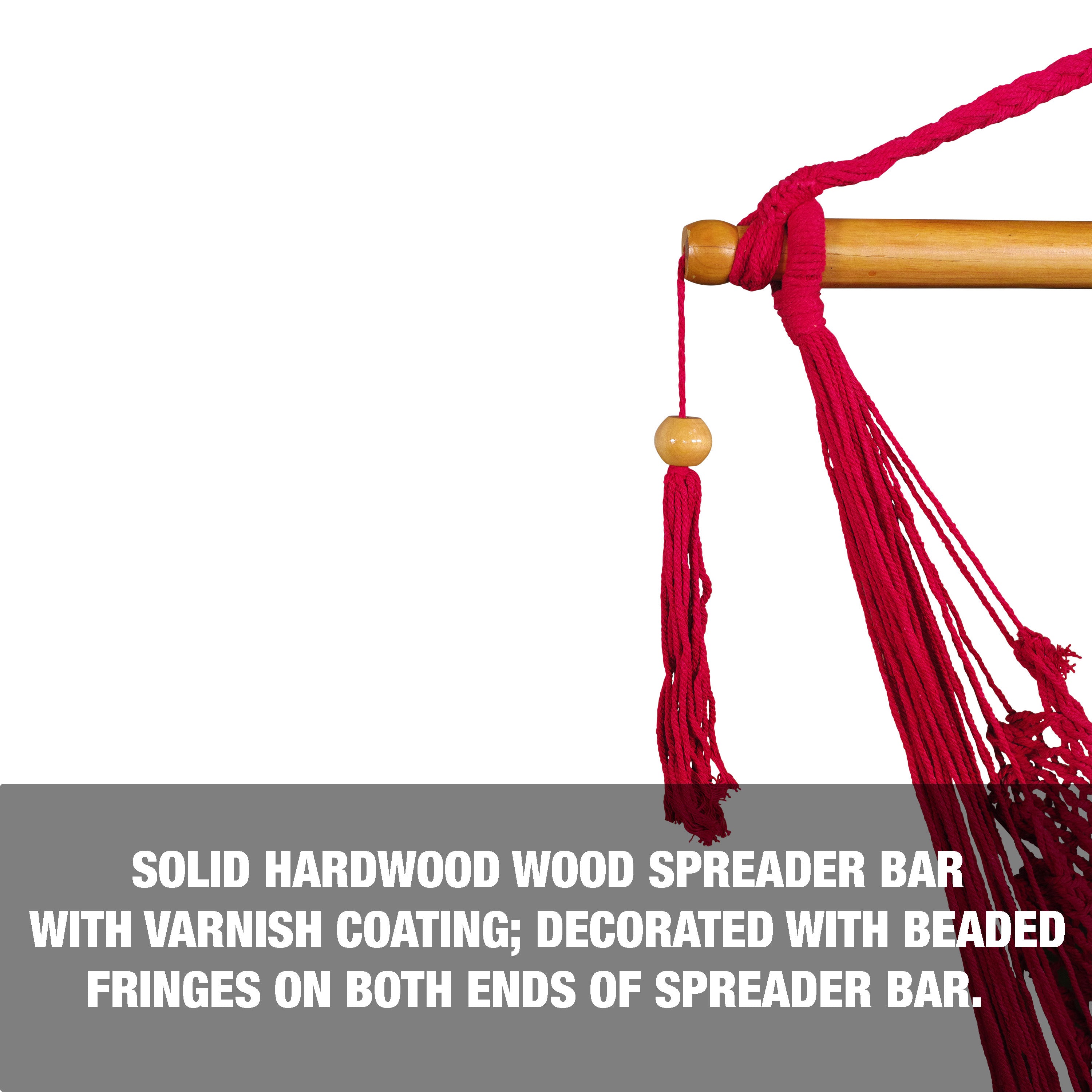 Solid hardwood spreader bar with varnish coating, decorated with beaded fringes on both sides of the bar.