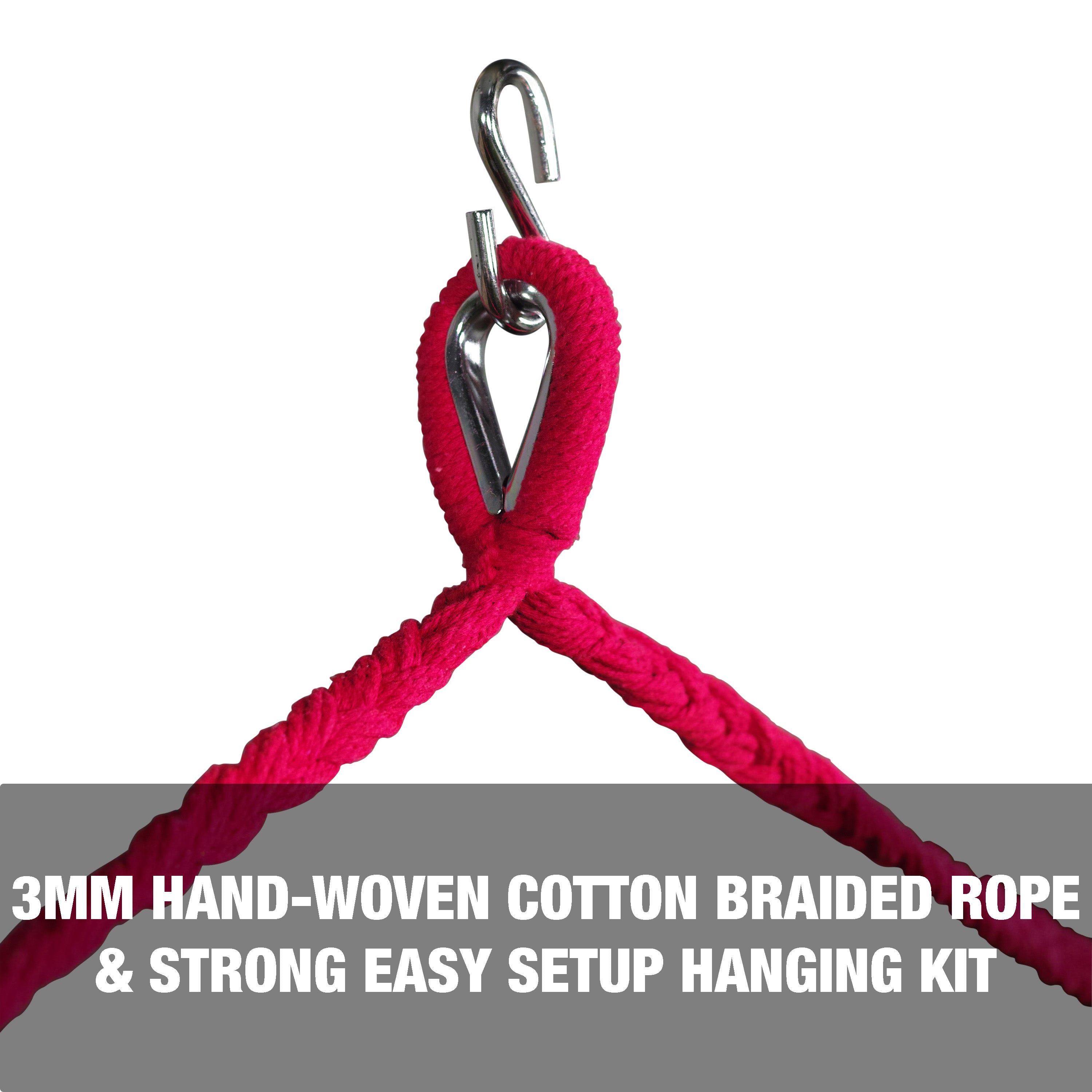 3mm hand-woven cotton braided rope and strong, easy setup hanging kit.