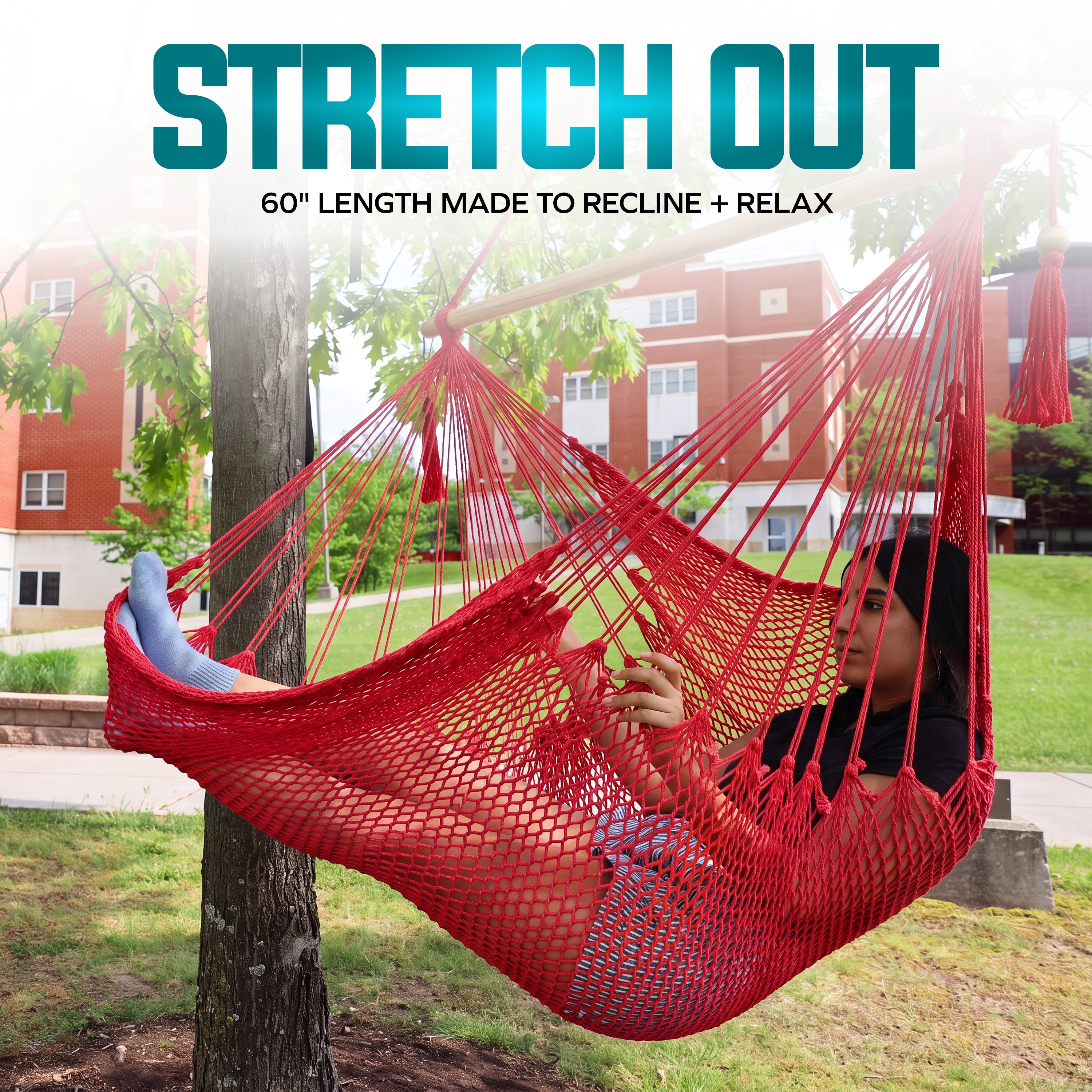 Bliss Hammocks BHC-412R Island Rope Hammock Chair w/ Spreader Bar & Hanging Hardware | 40-in. Wide | 265 Lb. Capacity (Red)