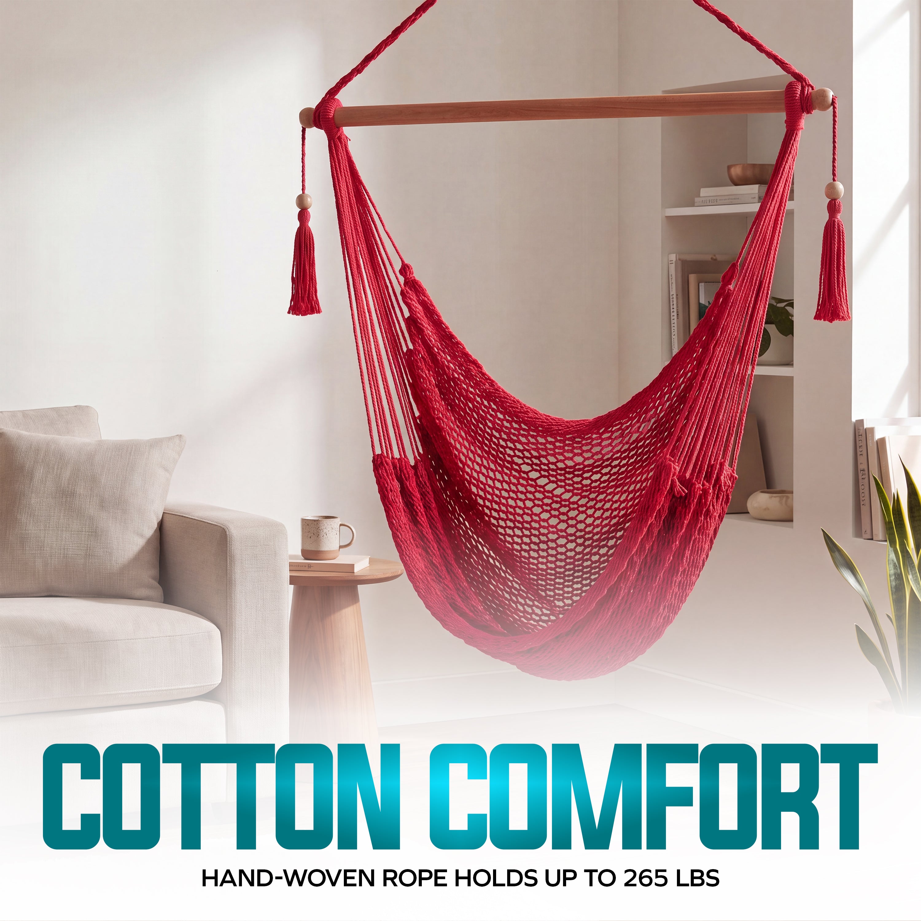 Bliss Hammocks BHC-412R Island Rope Hammock Chair w/ Spreader Bar & Hanging Hardware | 40-in. Wide | 265 Lb. Capacity (Red)