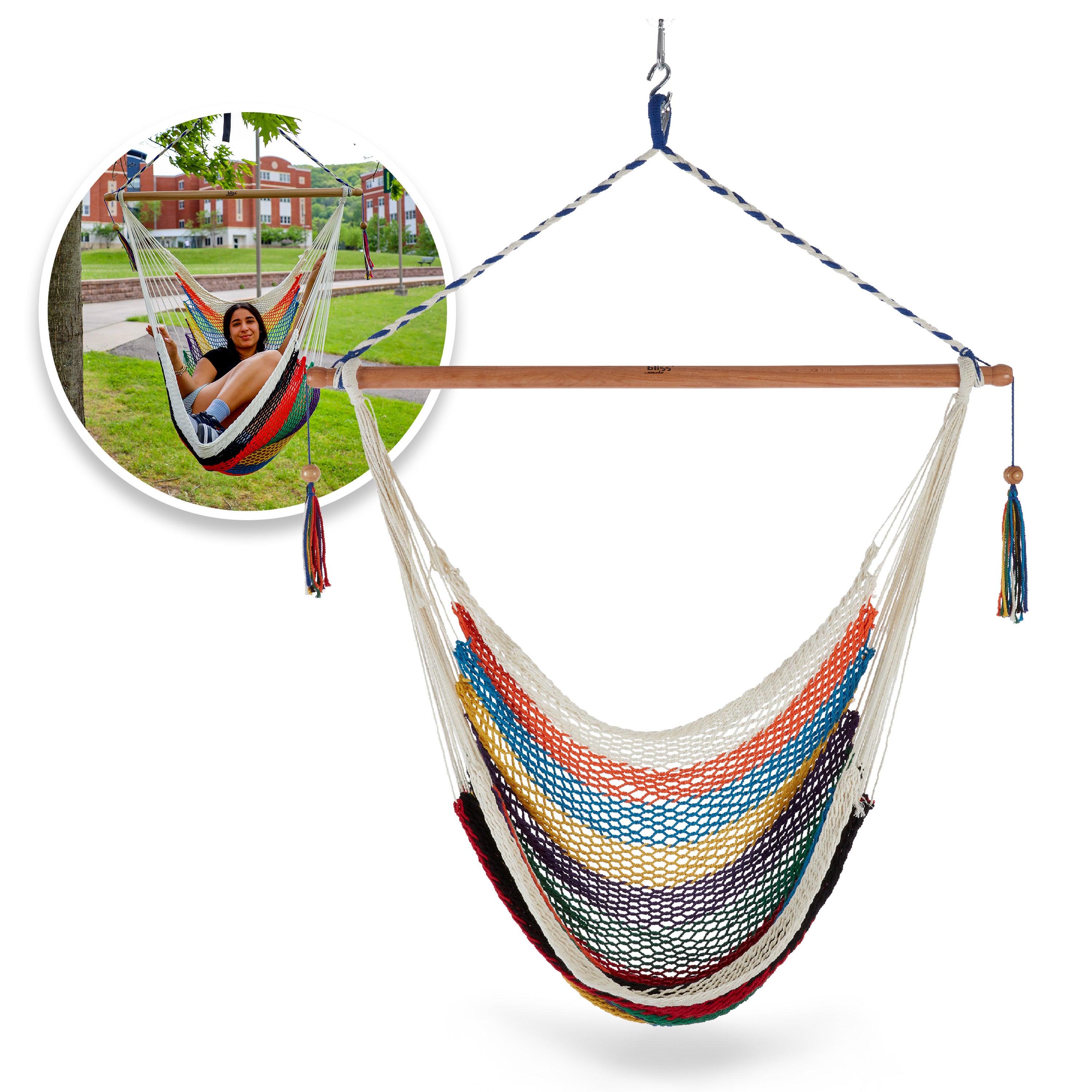 Bliss Hammocks BHC-412 Island Rope Hammock Chair W/ Spreader Bar & Hanging Hardware | 40-in. Wide | 265 Lb. Capacity (Multi-Color)