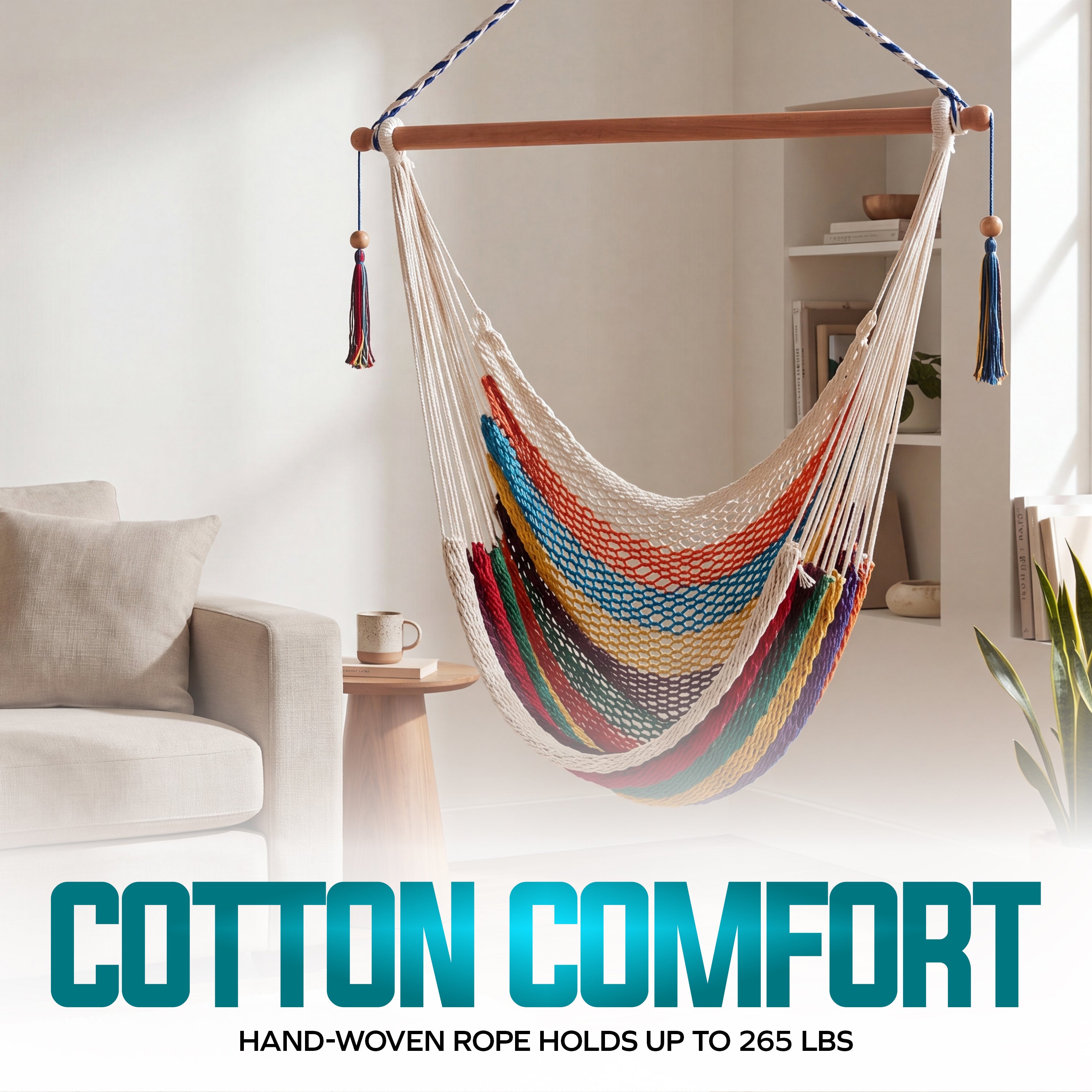Bliss Hammocks BHC-412 Island Rope Hammock Chair W/ Spreader Bar & Hanging Hardware | 40-in. Wide | 265 Lb. Capacity (Multi-Color)