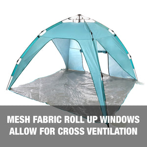 Mesh fabric roll up windows allow for cross ventilation.