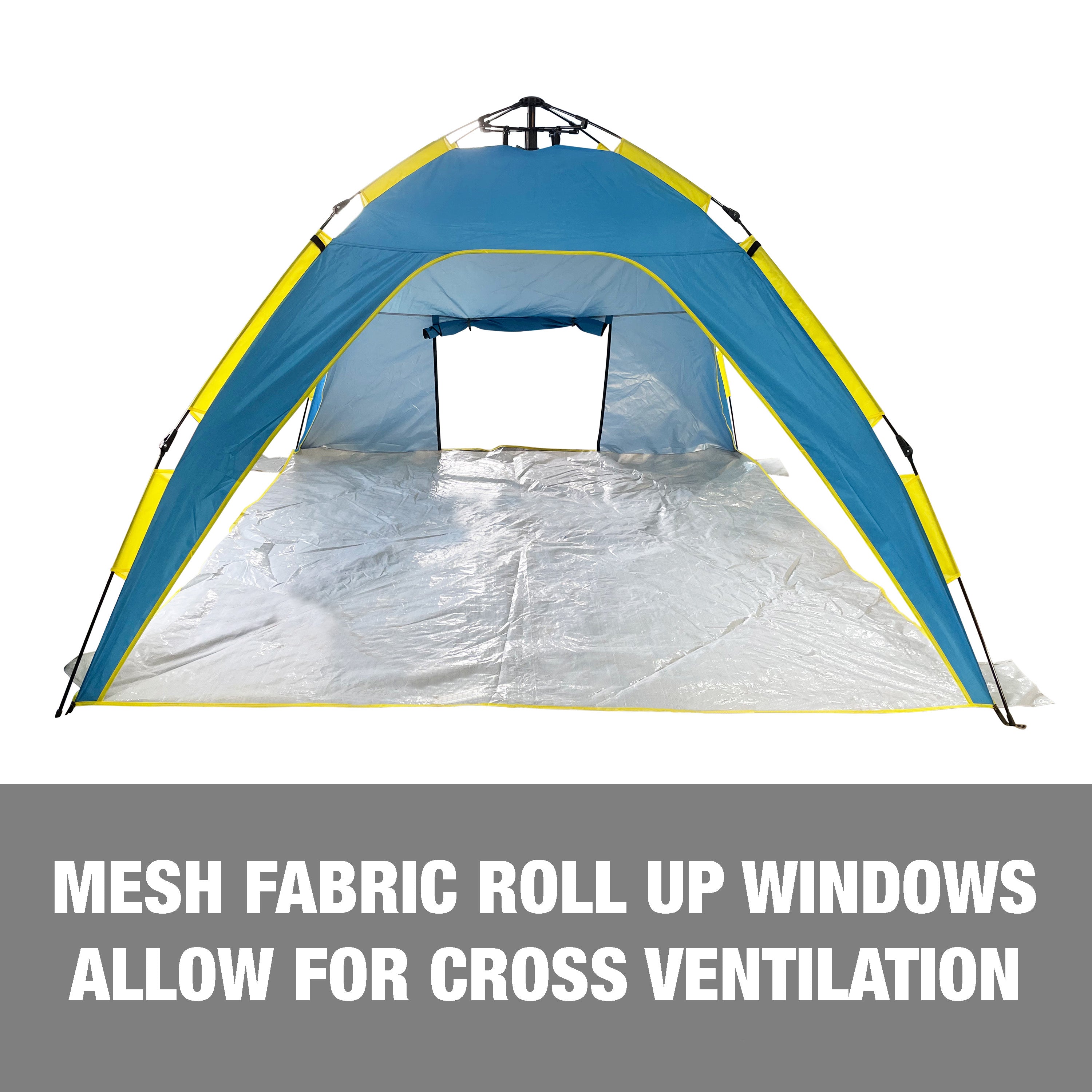 Mesh fabric roll up windows allow for cross ventilation.