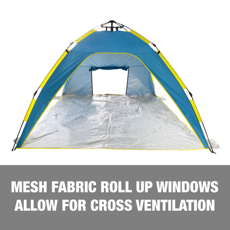 Mesh fabric roll up windows allow for cross ventilation.