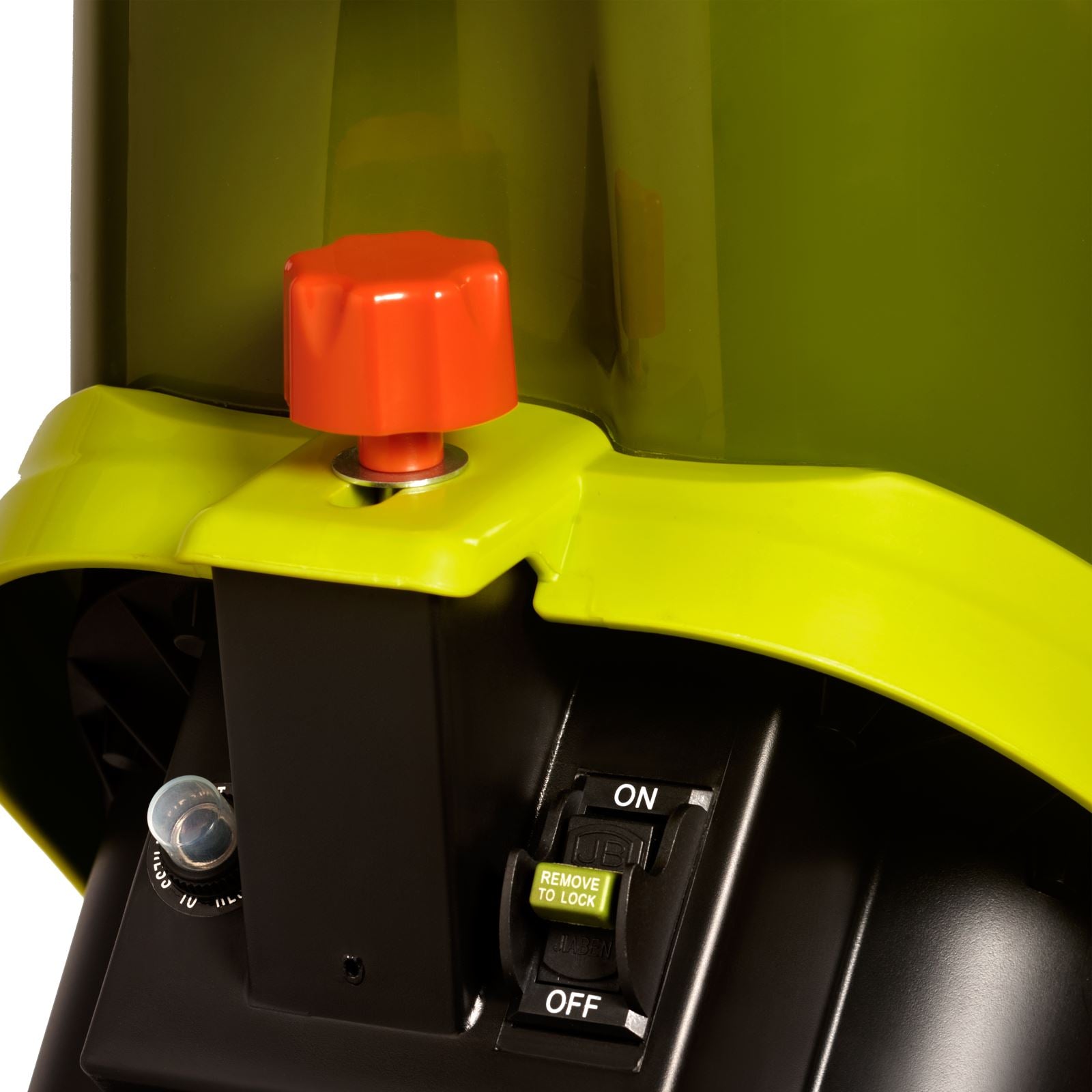 Close-up of the safety hopper locking knob.