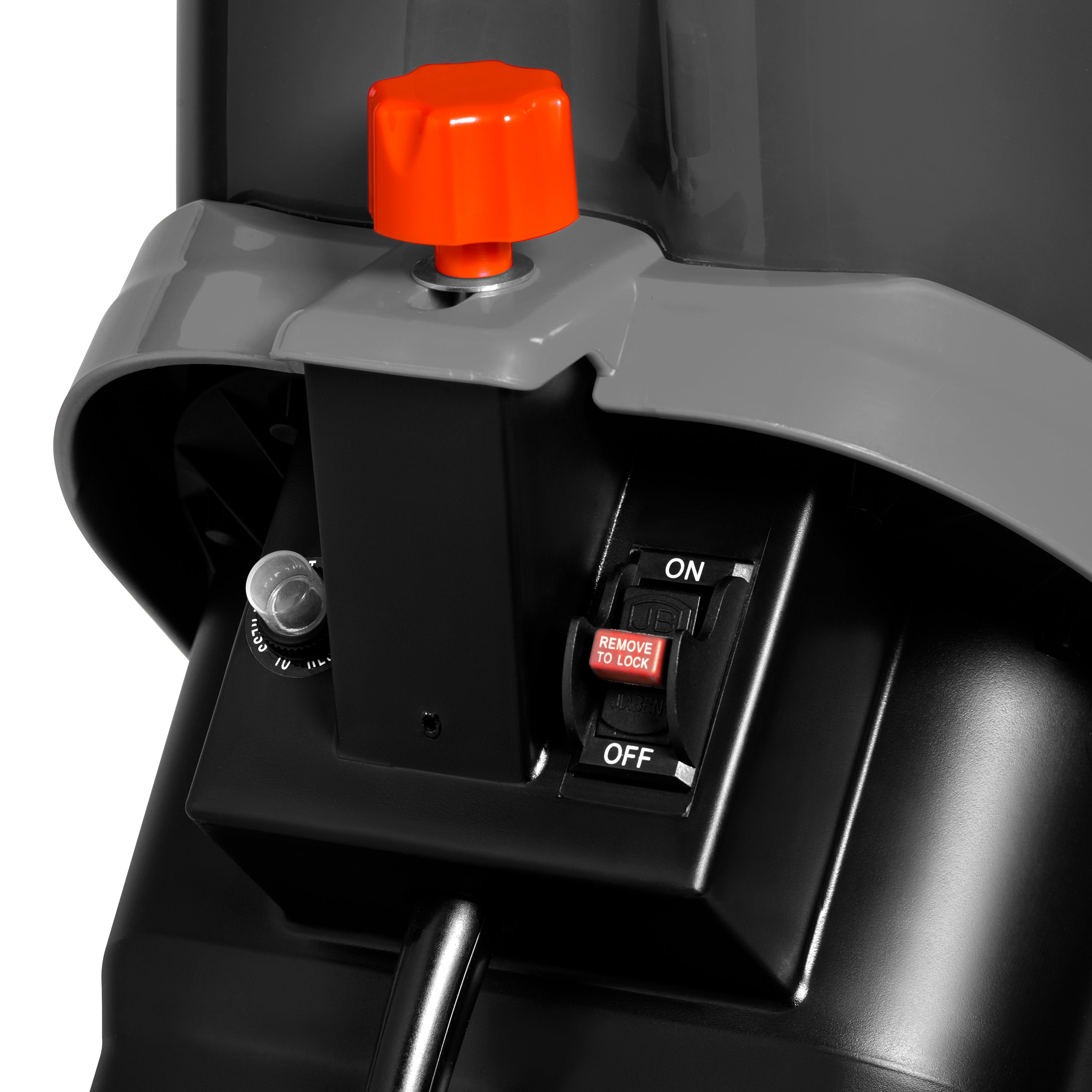 Close-up of the safety hopper locking knob on the Sun Joe 15-amp Electric Wood Chipper in gray.