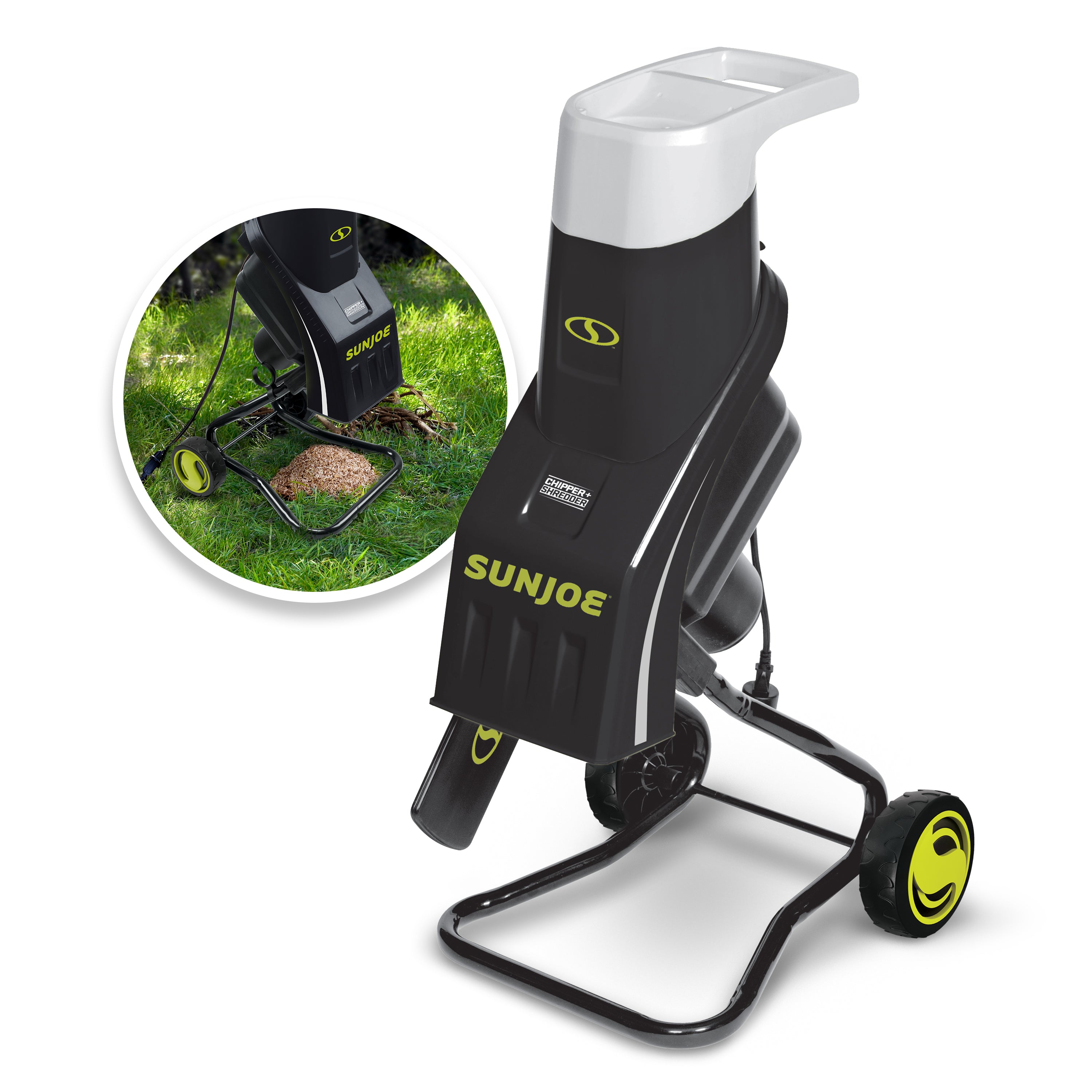 Sun Joe CJ602E Electric Wood Chipper | 17:1 Reduction | 15-Amp | 1.57-inch Max Cutting Diameter (Green)