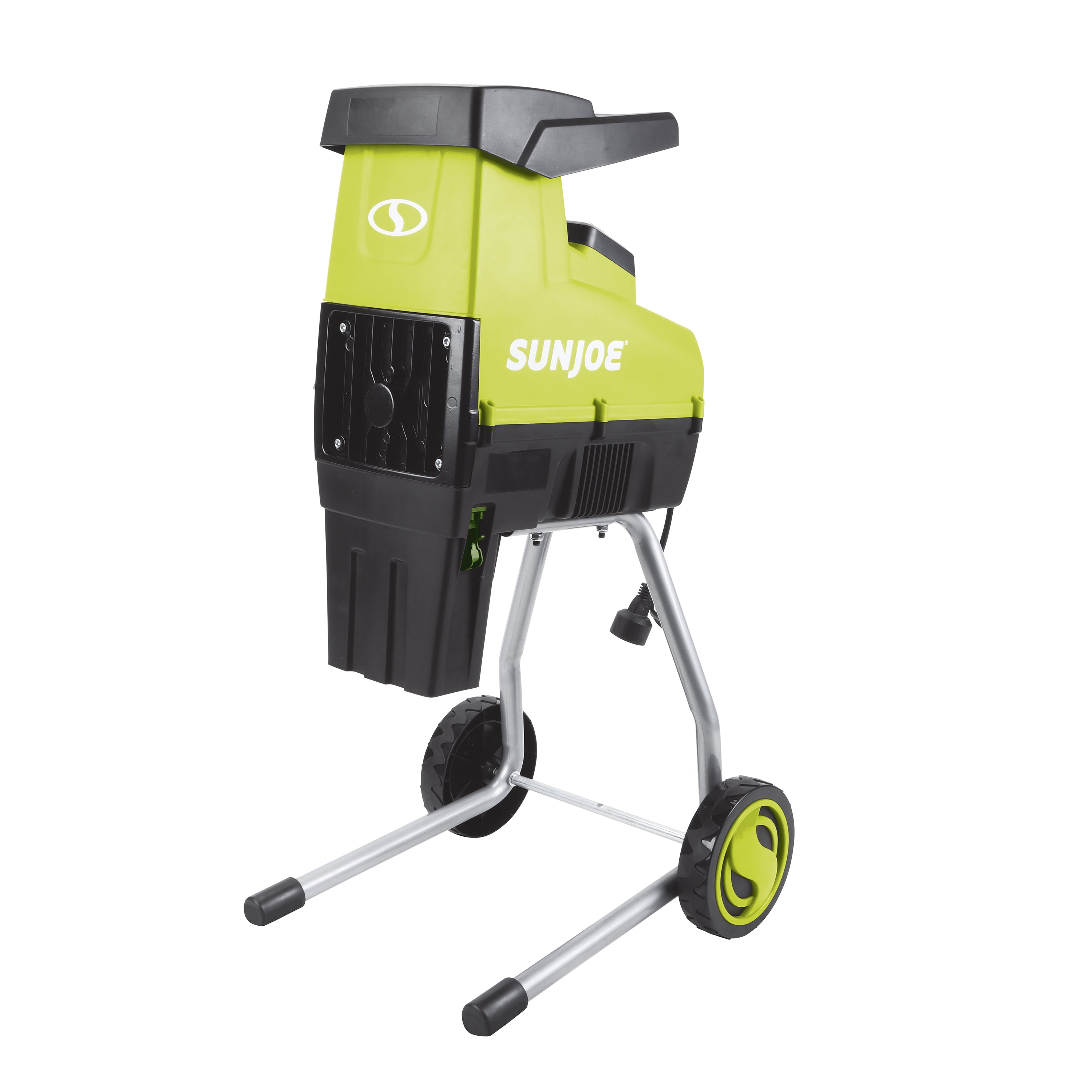 Right-angled view of the Sun Joe 15-amp Silent Electric Wood Chipper and Shredder.