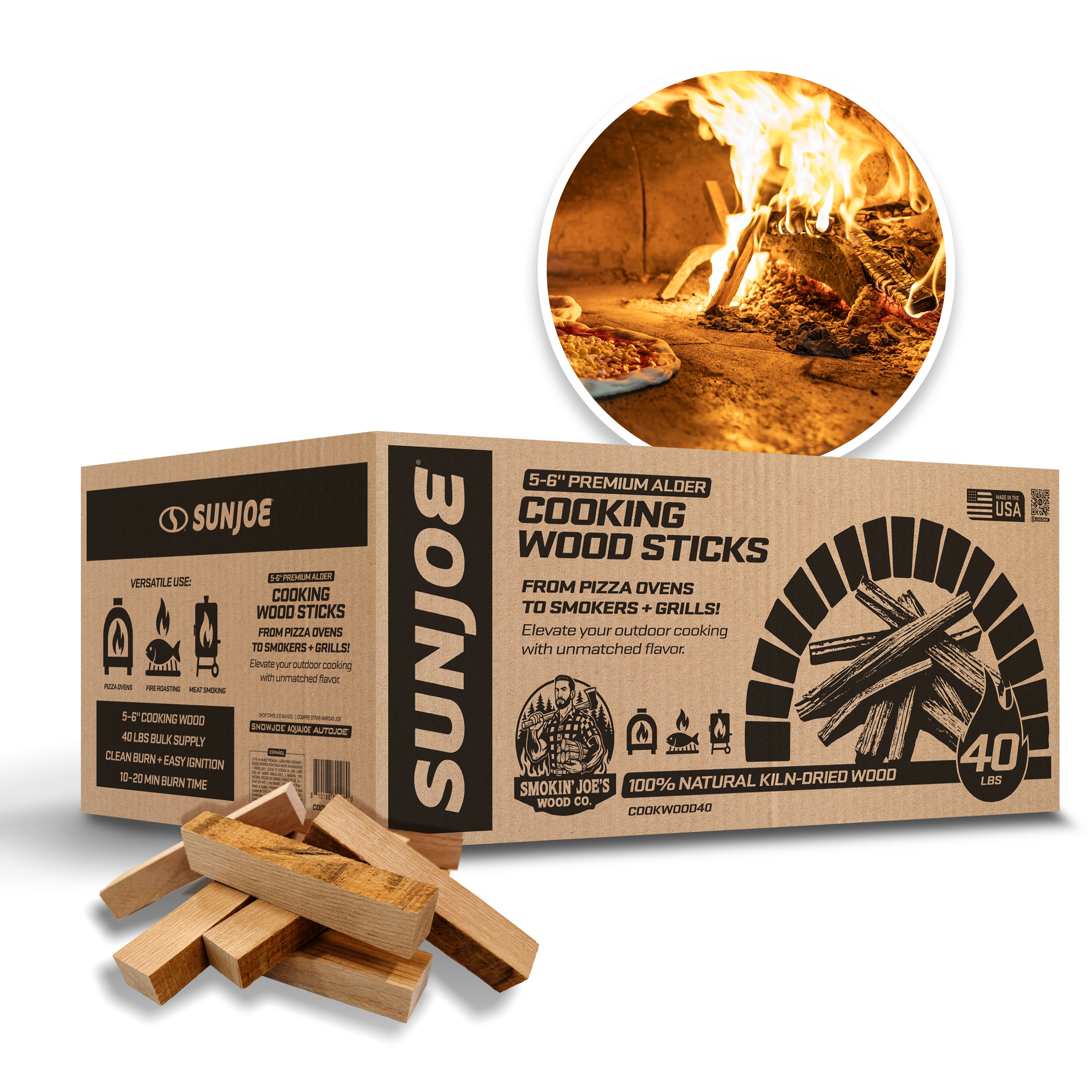Sun Joe COOKWOOD40 Cooking Wood Sticks | 100% Natural Kiln-Dried Wood for Pizza Ovens, Smokers & Grills | 40 Lbs Box