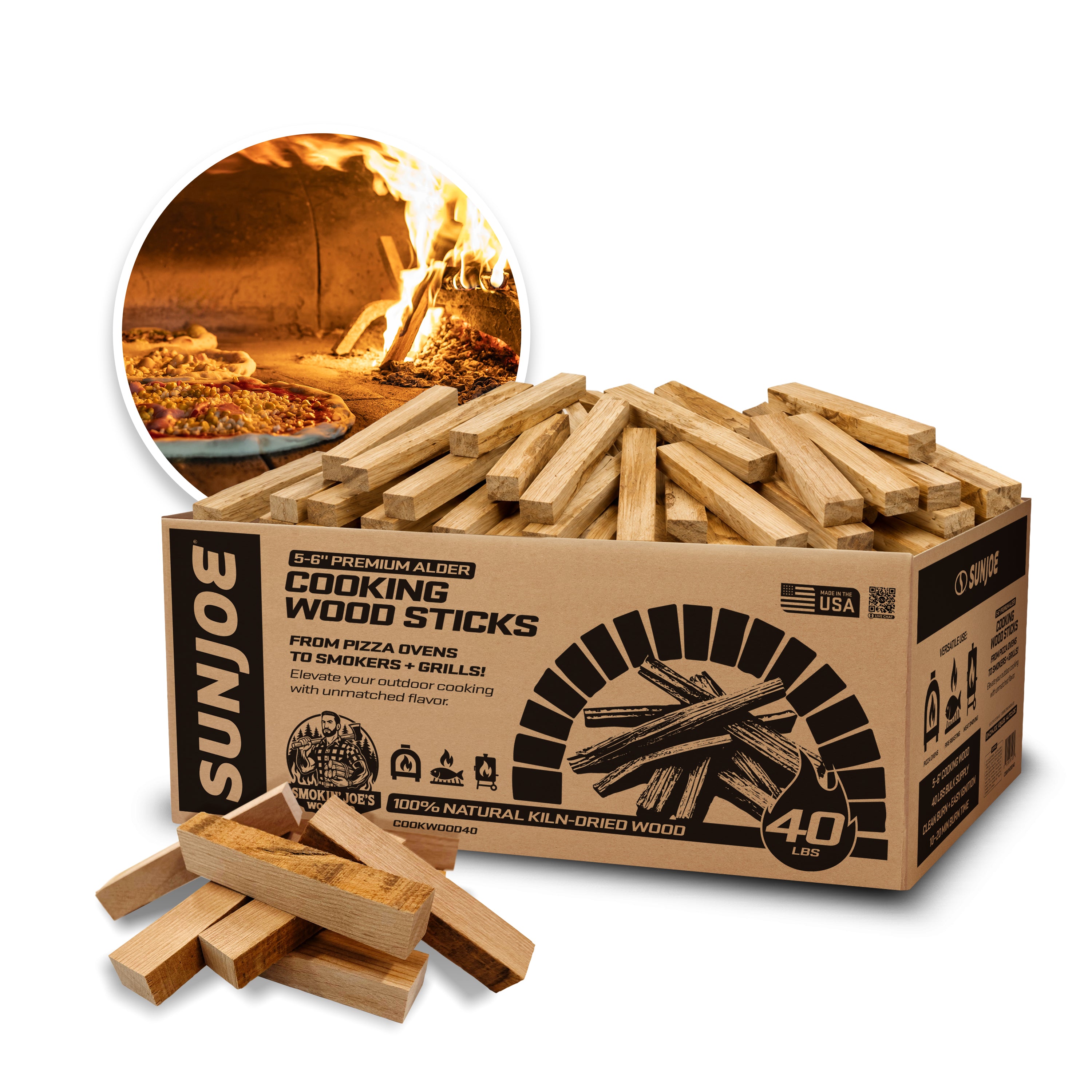Sun Joe Cooking Wood Sticks | 100% Natural Kiln-Dried Wood for Pizza Ovens, Smokers & Grills | 40-Lb. Box