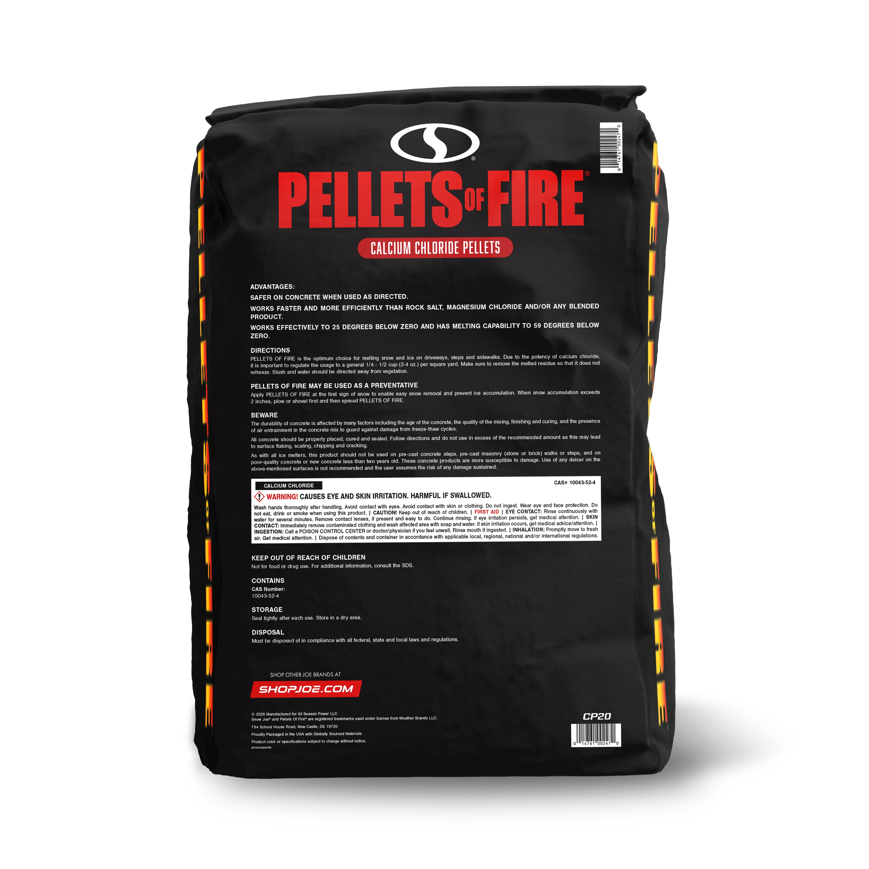 Pellets of Fire Calcium Chloride Ice and Snow Melt + Deicer | 20 Lb. Bag | Works to -25°F