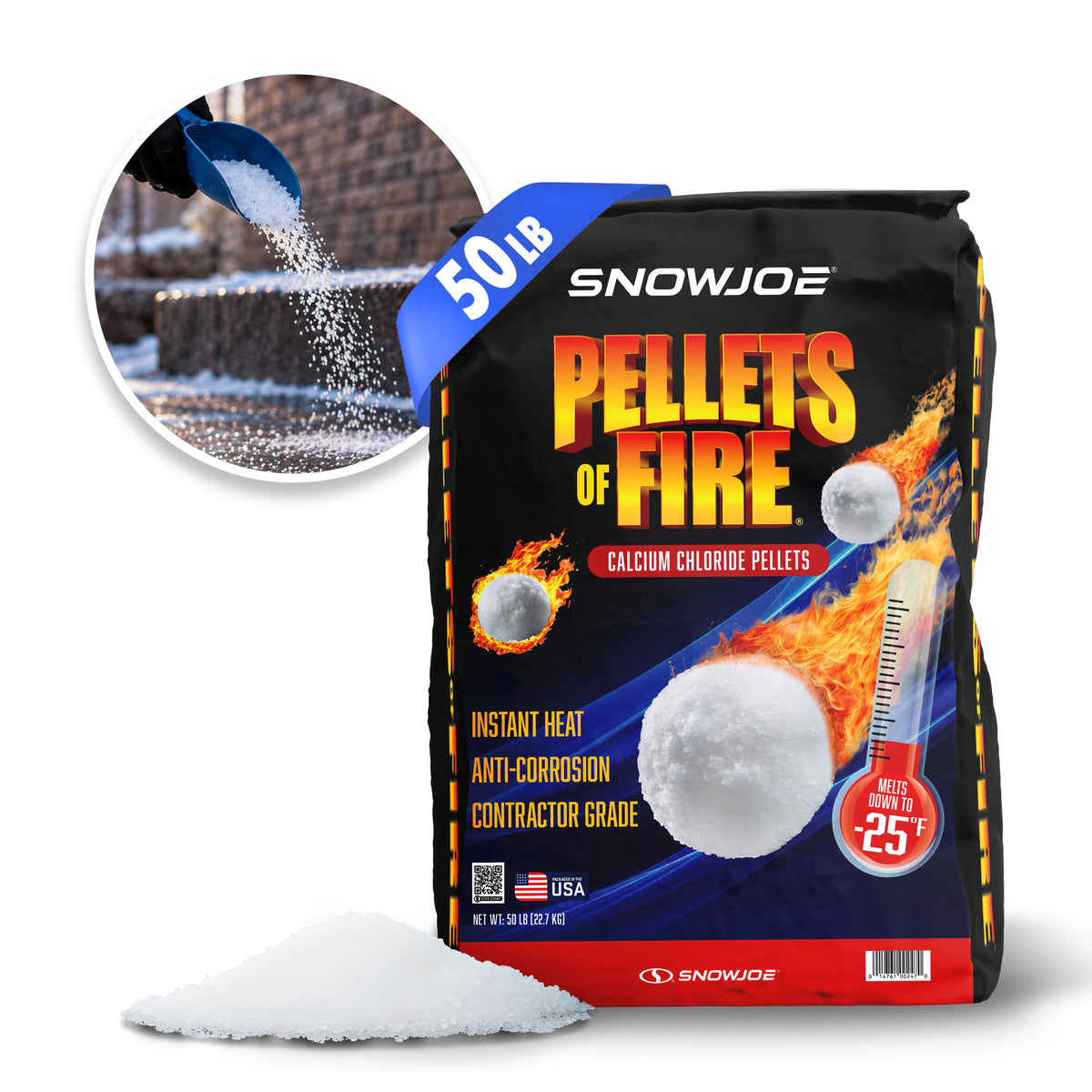 Pellets of Fire Calcium Chloride Ice and Snow Melt + Deicer | 50 Lb. Bag | Works to -25°F