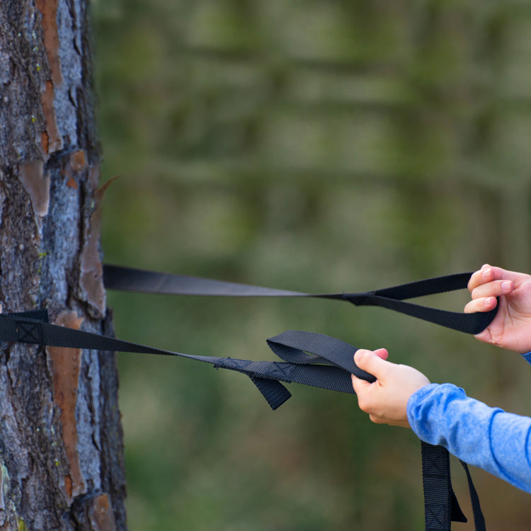 Person wrapping the tree straps around a tree.