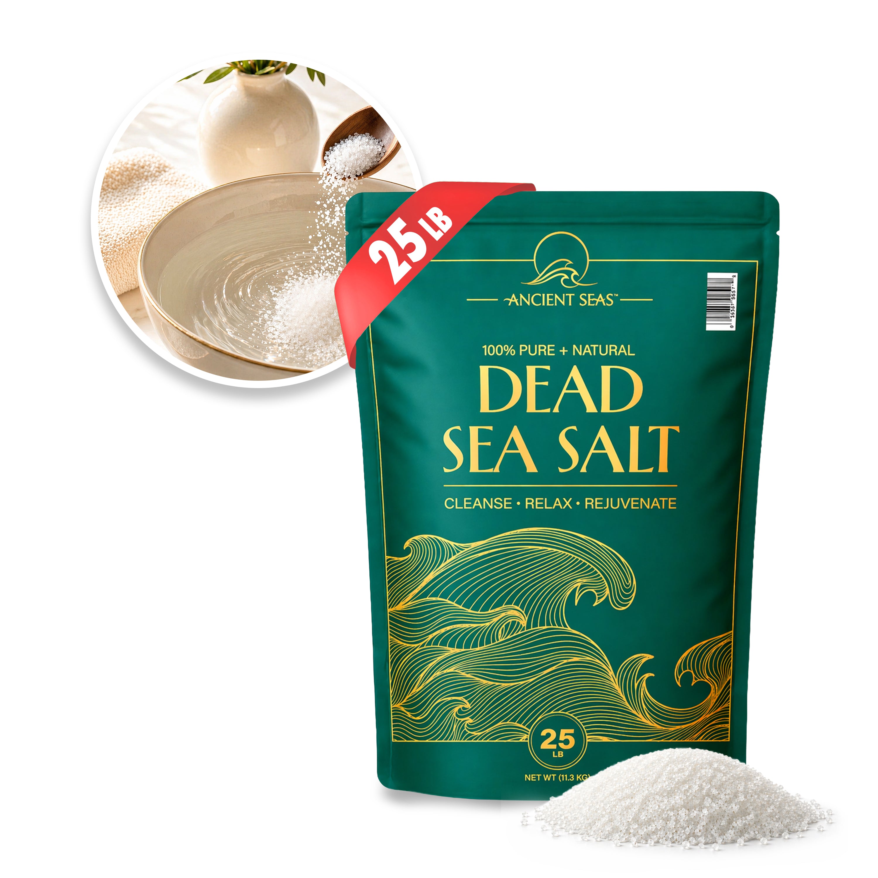 Ancient Seas 100% Pure + Natural Dead Sea Salt | Fast Dissolving | No Additives | Consistent Texture for General Use | 25-Lb. Bag