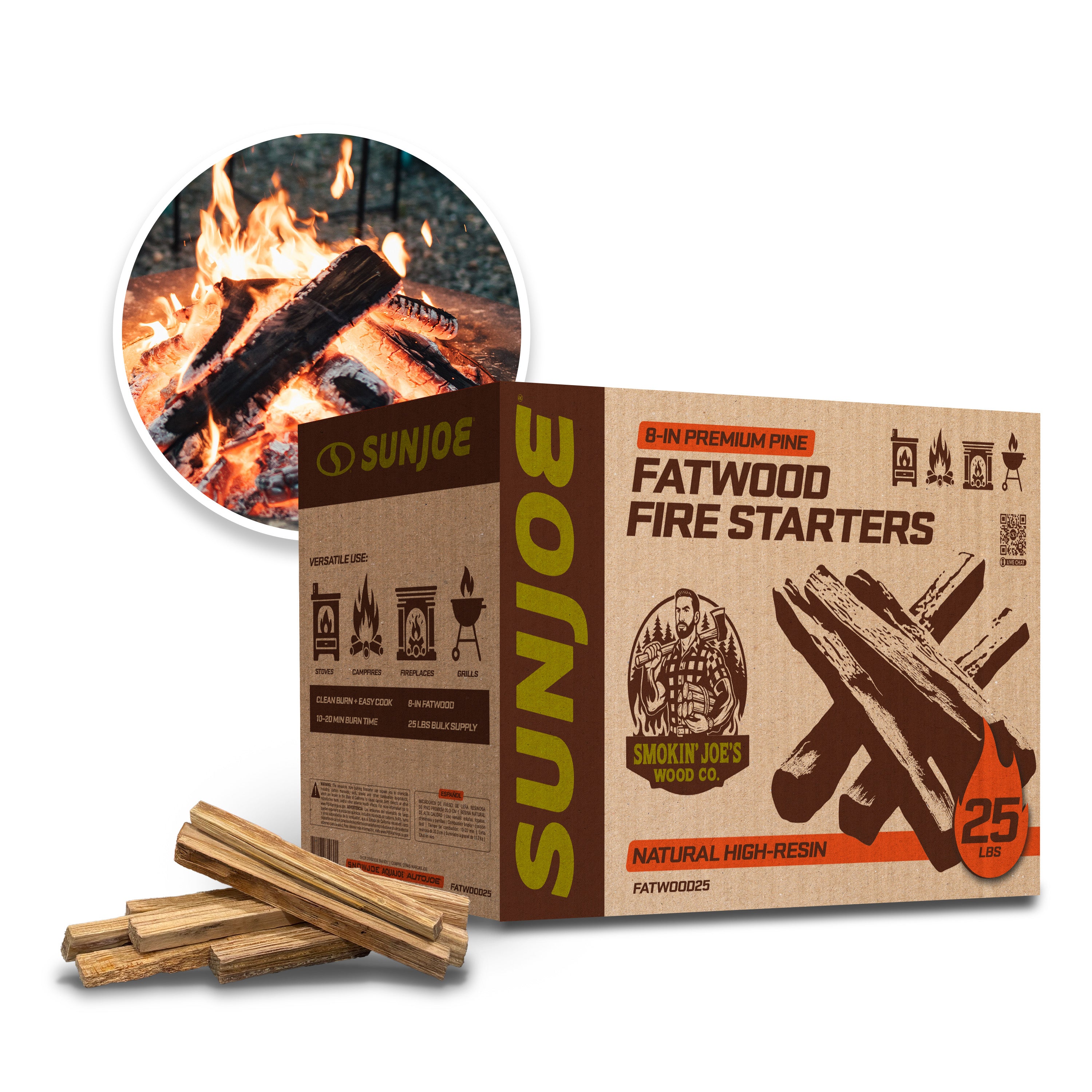 Sun Joe FATWOOD25 All-Natural Fire Starter Sticks | Pine Kindling for Fireplaces, Campfires, Wood Stoves, Fire Pits & Grills | 25 Lbs.