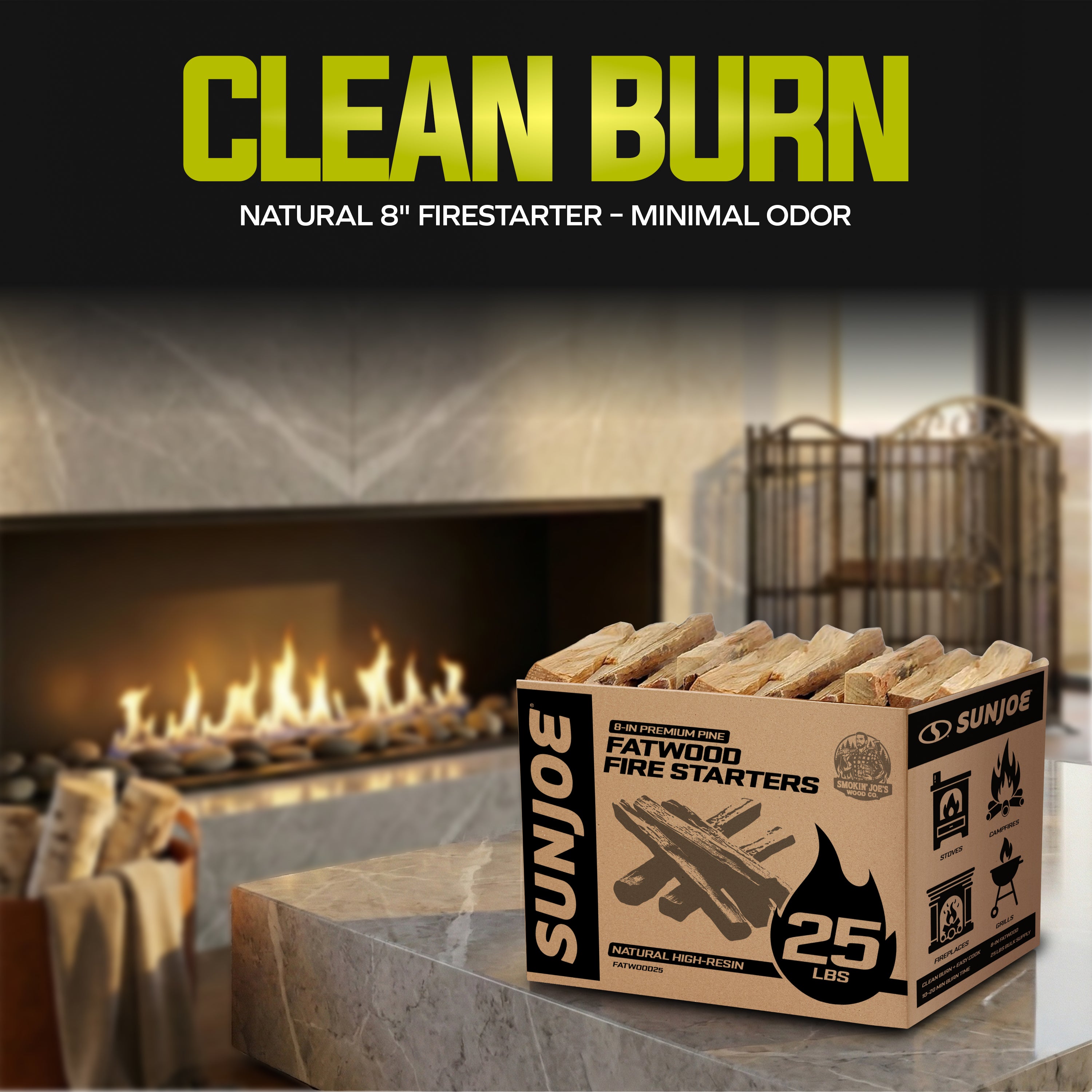 Sun Joe All-Natural Fire Starter Sticks | Pine Kindling for Fireplaces, Campfires, Wood Stoves, Fire Pits & Grills | 25 Lbs.