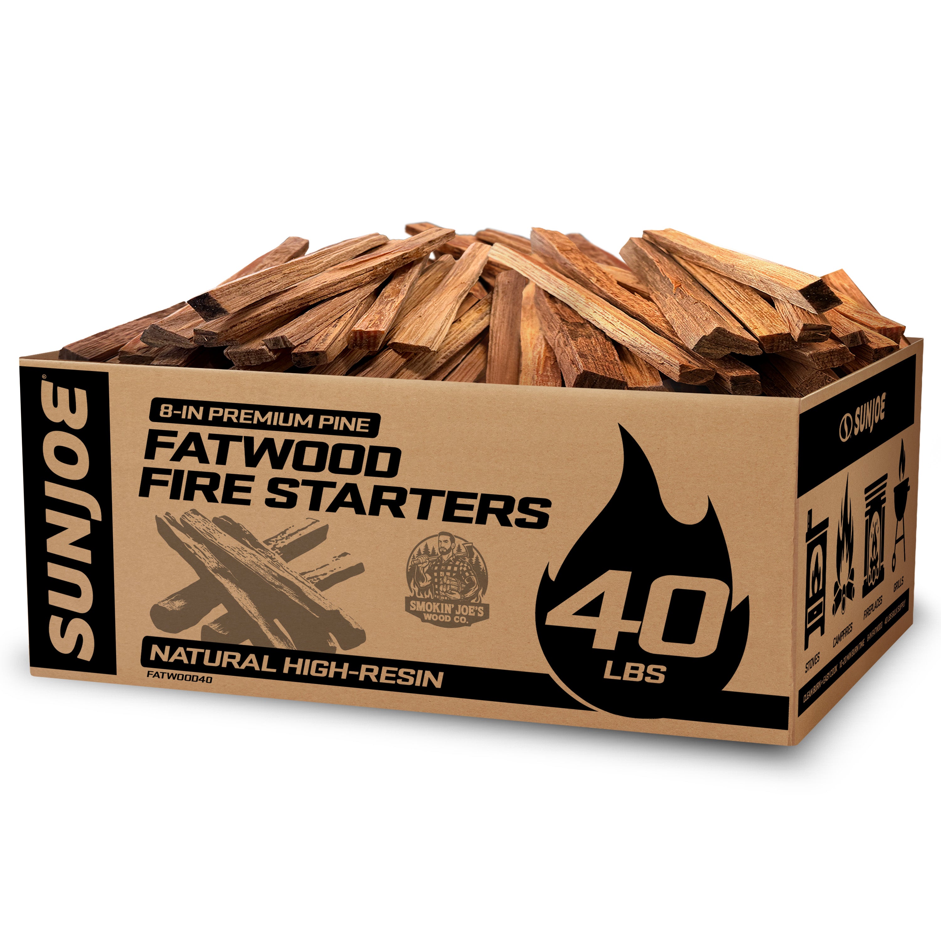 Sun Joe All-Natural Fire Starter Sticks | Pine Kindling for Fireplaces, Campfires, Wood Stoves, Fire Pits & Grills | 40 Lbs.