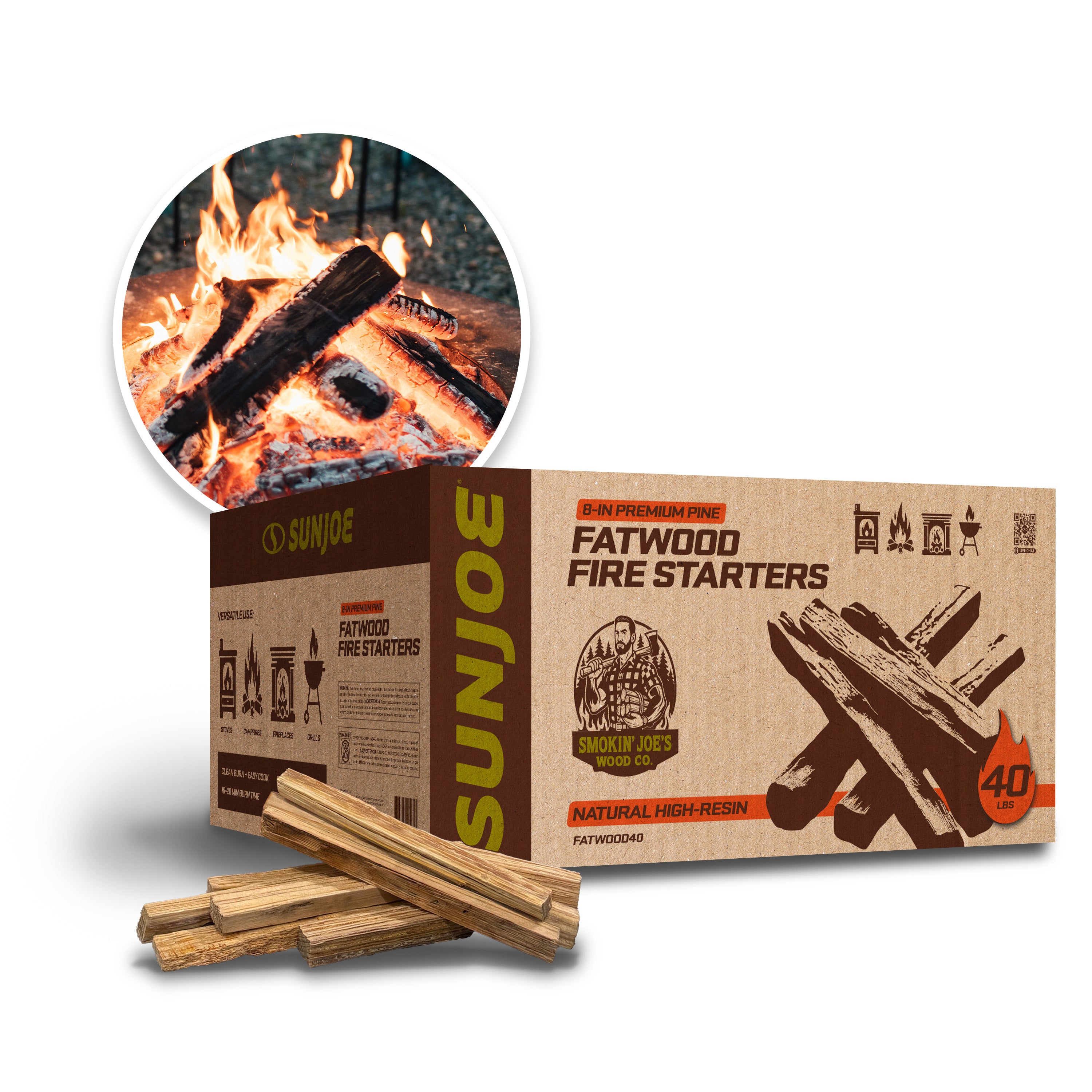 Sun Joe FATWOOD40 All-Natural Fire Starter Sticks | Pine Kindling for Fireplaces, Campfires, Wood Stoves, Fire Pits & Grills | 40 Lbs.