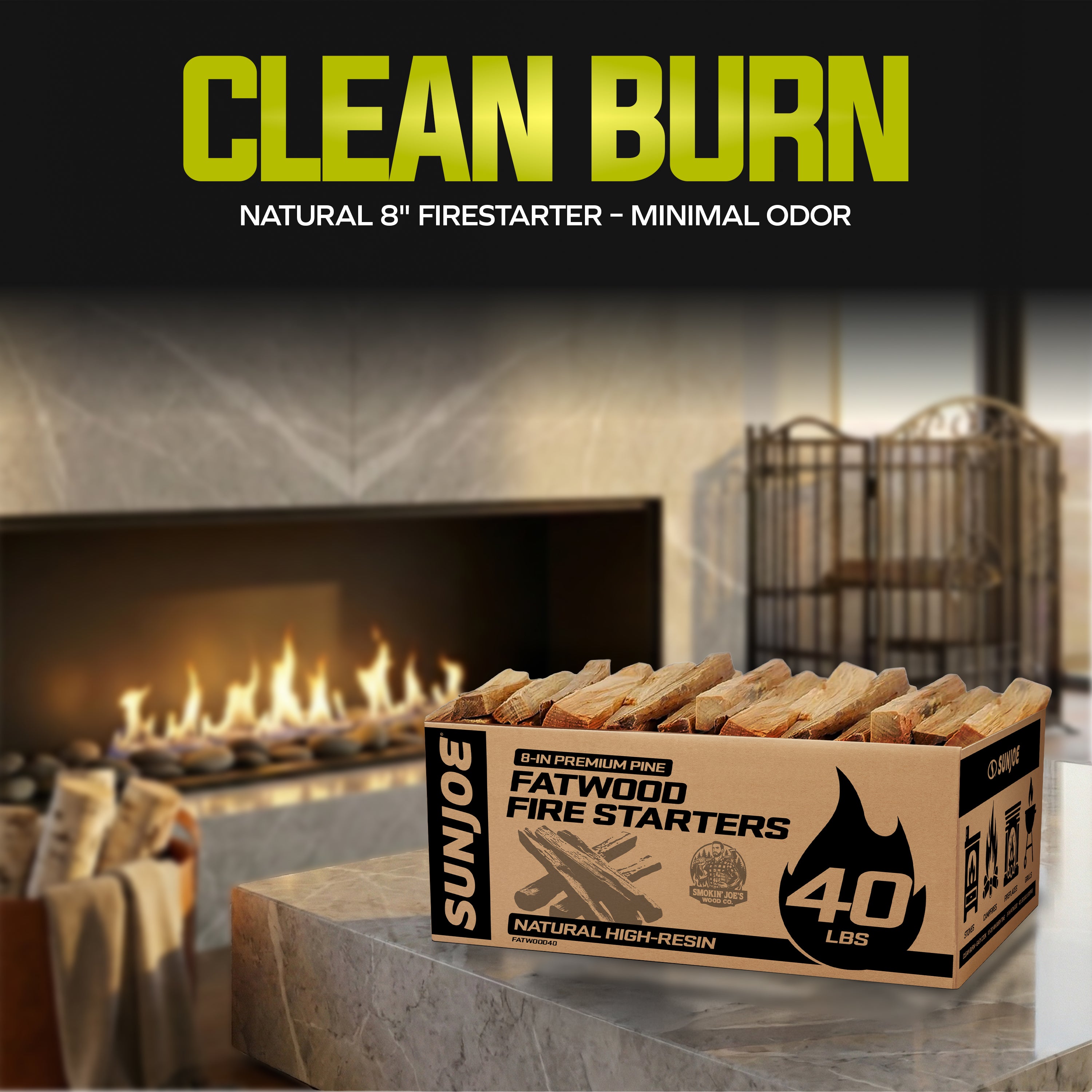 Sun Joe FATWOOD40 All-Natural Fire Starter Sticks | Pine Kindling for Fireplaces, Campfires, Wood Stoves, Fire Pits & Grills | 40 Lbs.