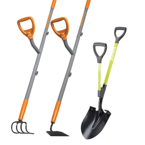 ErgieSystems 54-inch Steel Shaft Garden Soil Cultivator with a 54-inch shank pattern garden hoe and a 9-inch strain reducing garden shovel.