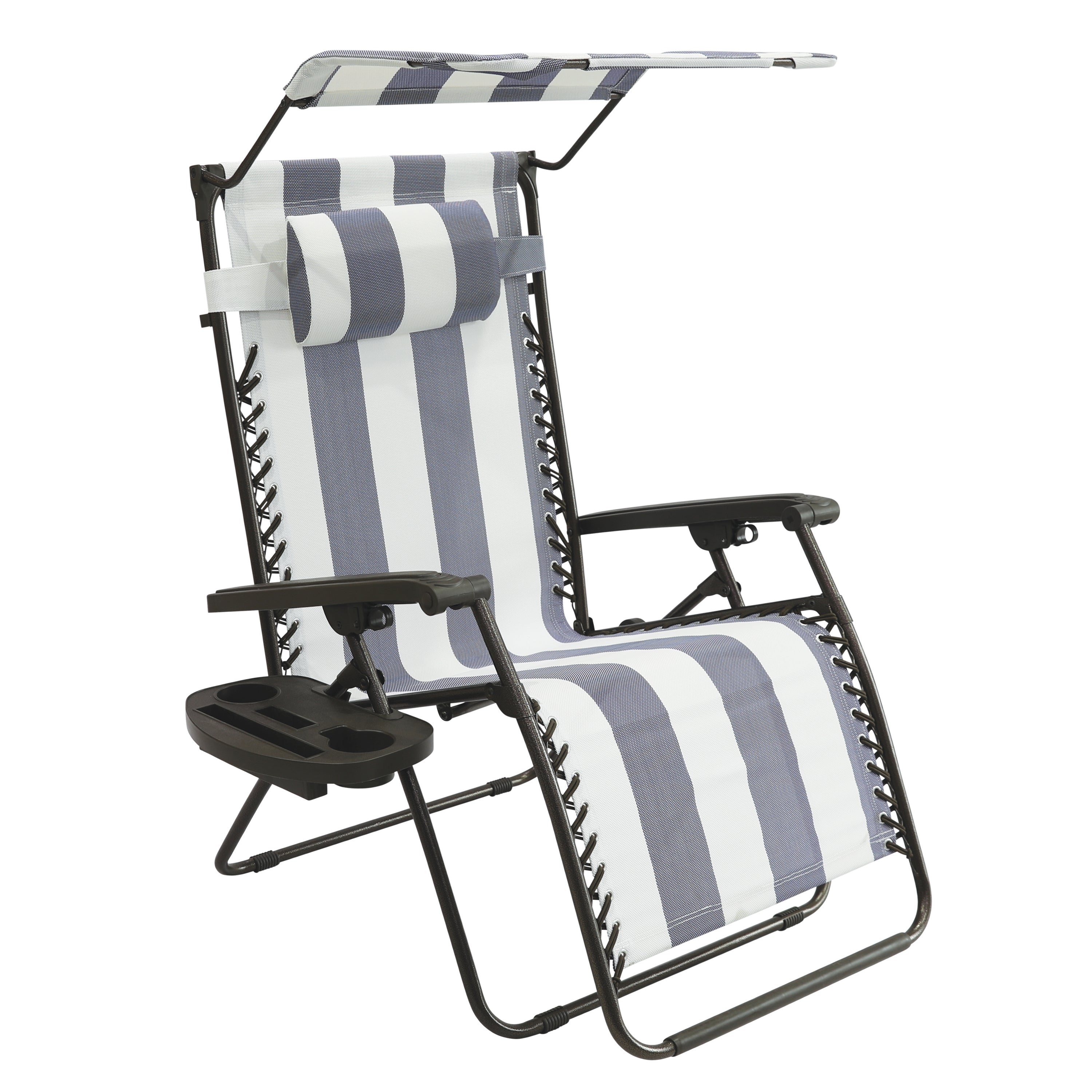Bliss Hammocks GFC-032-BS-H Gravity Free Chair W/ Canopy, Drink Tray, & Pillow | 32-in. Wide XL | Weather & Rust Resistant | 360 Lb. Capacity (Blue Stripe)