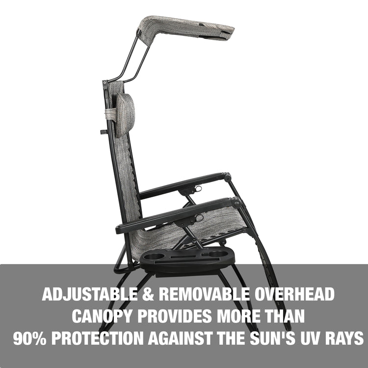 Adjustable and removable overhead canopy provides more than 90 percent protection against the sun's UV rays.