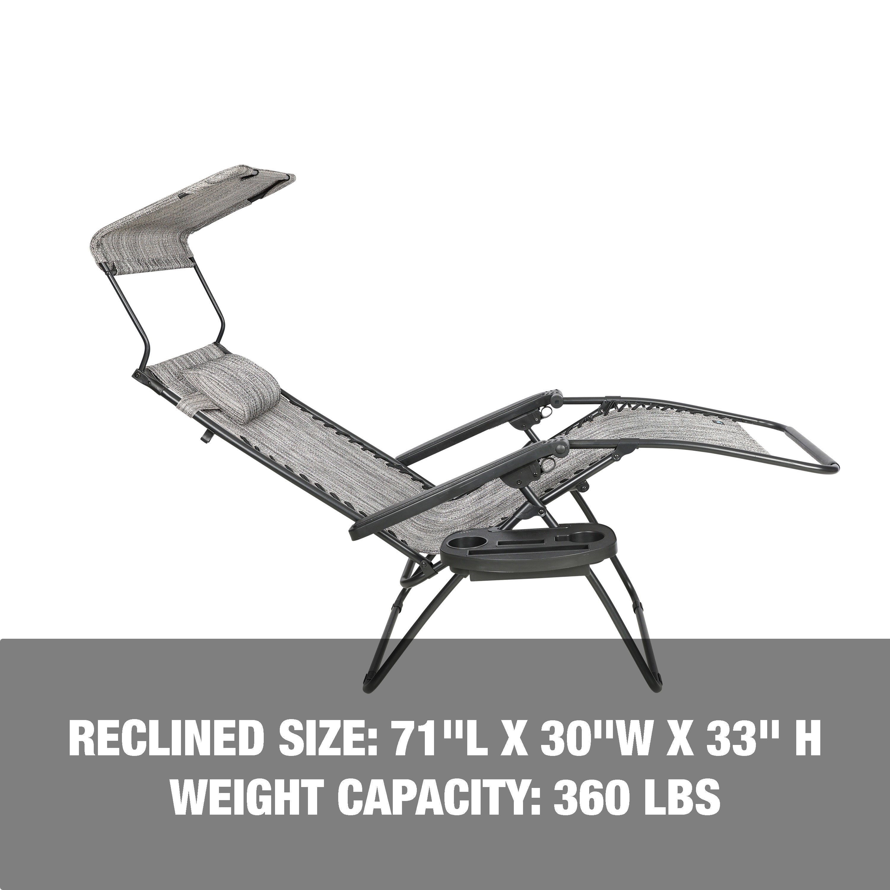 Reclined size: 71 inches long, 30 inches wide, and 33 inches high, with a weight capacity of 360 pounds.