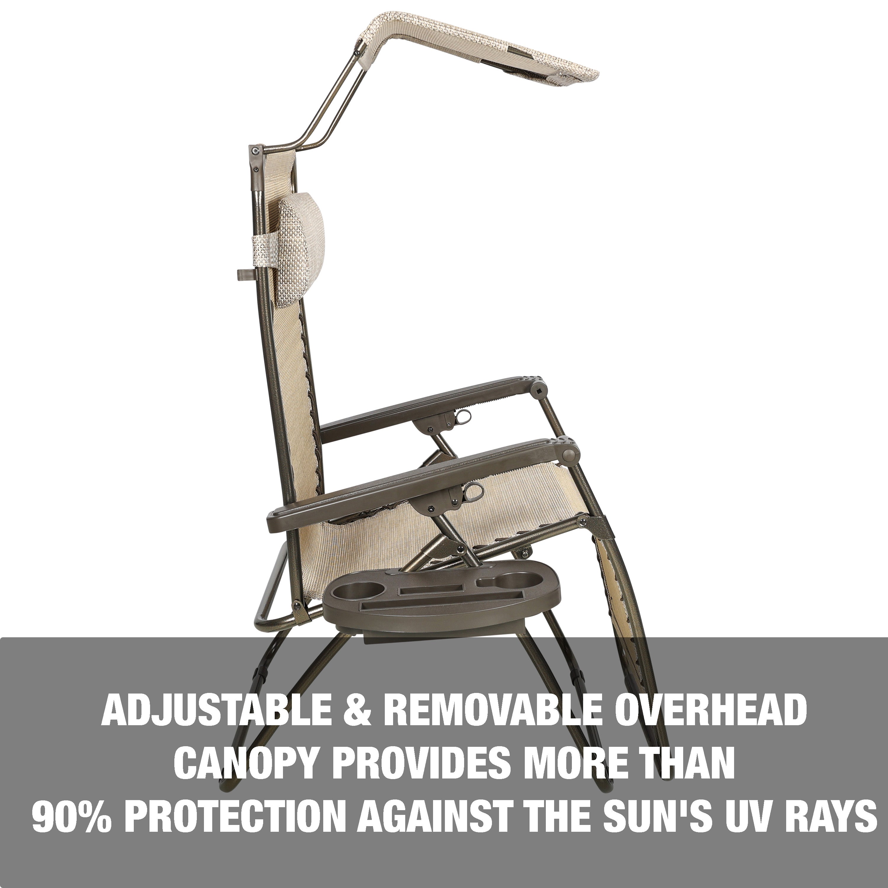 Adjustable and removeable overhead canopy provides more than 90 percent protection against the sun's UV rays.